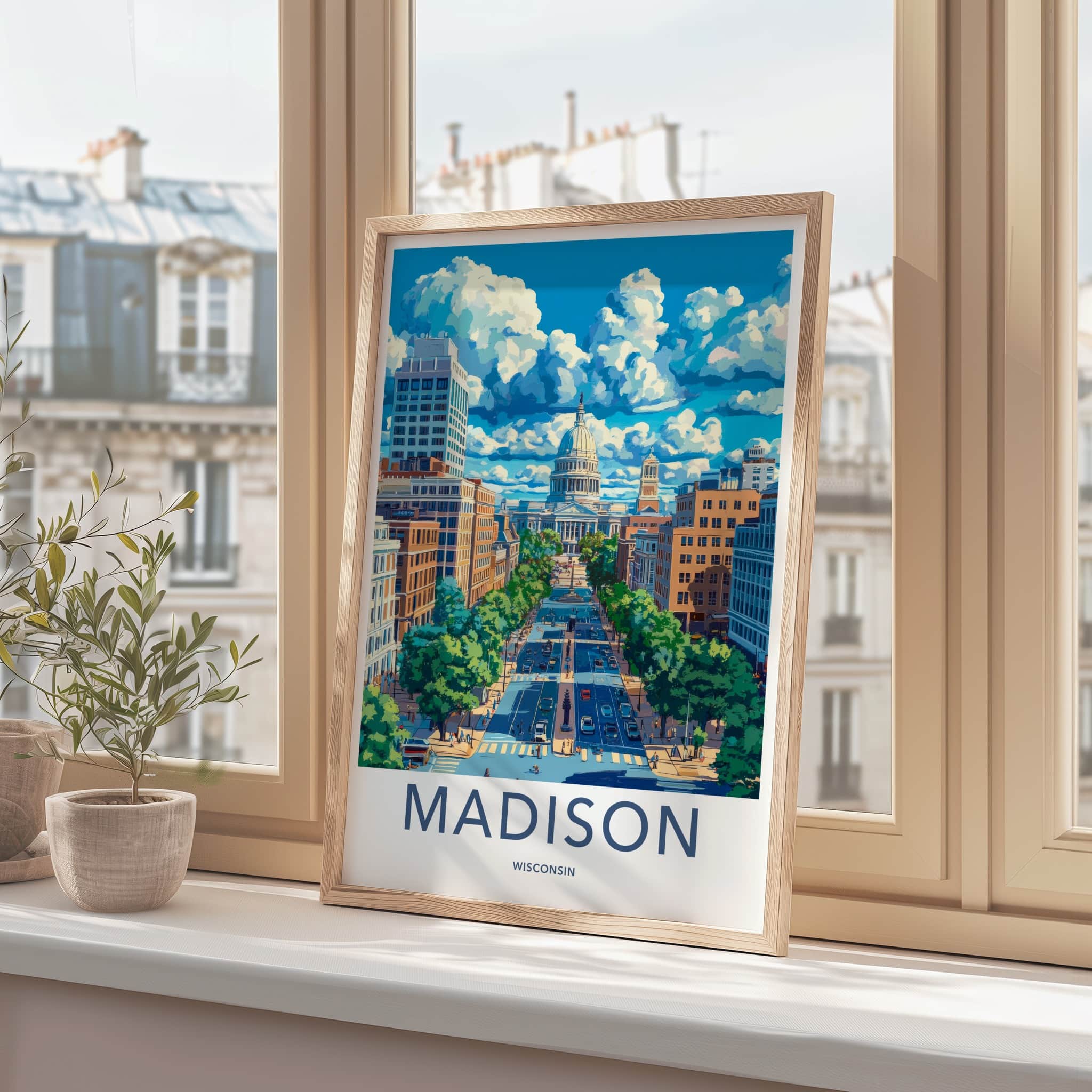 Madison Poster - Wisconsin Framed Print - Bright Cityscape Capitol Lounge Decor