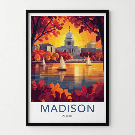 Madison Poster - Wisconsin Travel Art - Autumn Lake Sunset Home Decor