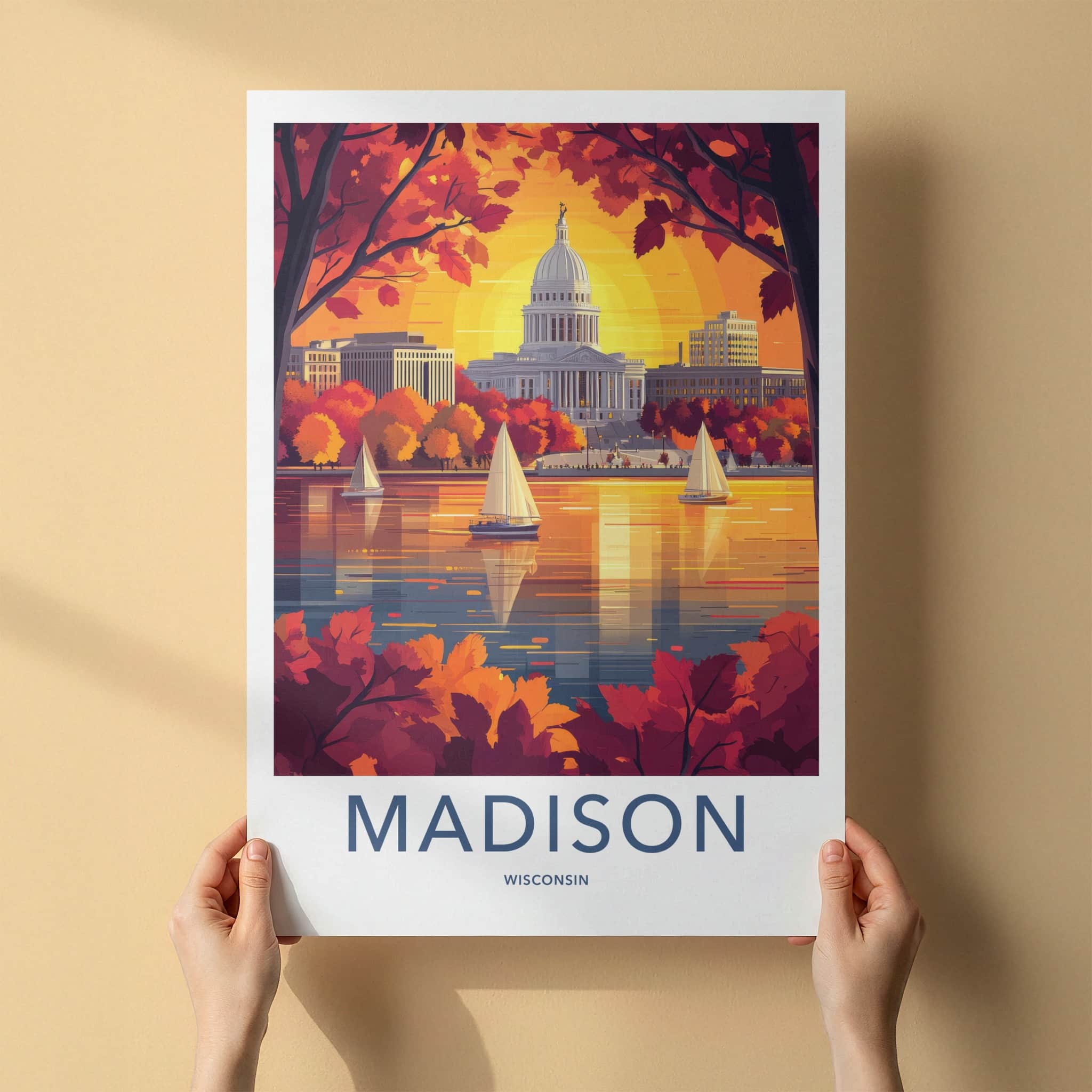 Madison Poster - Wisconsin Travel Art - Autumn Lake Sunset Home Decor
