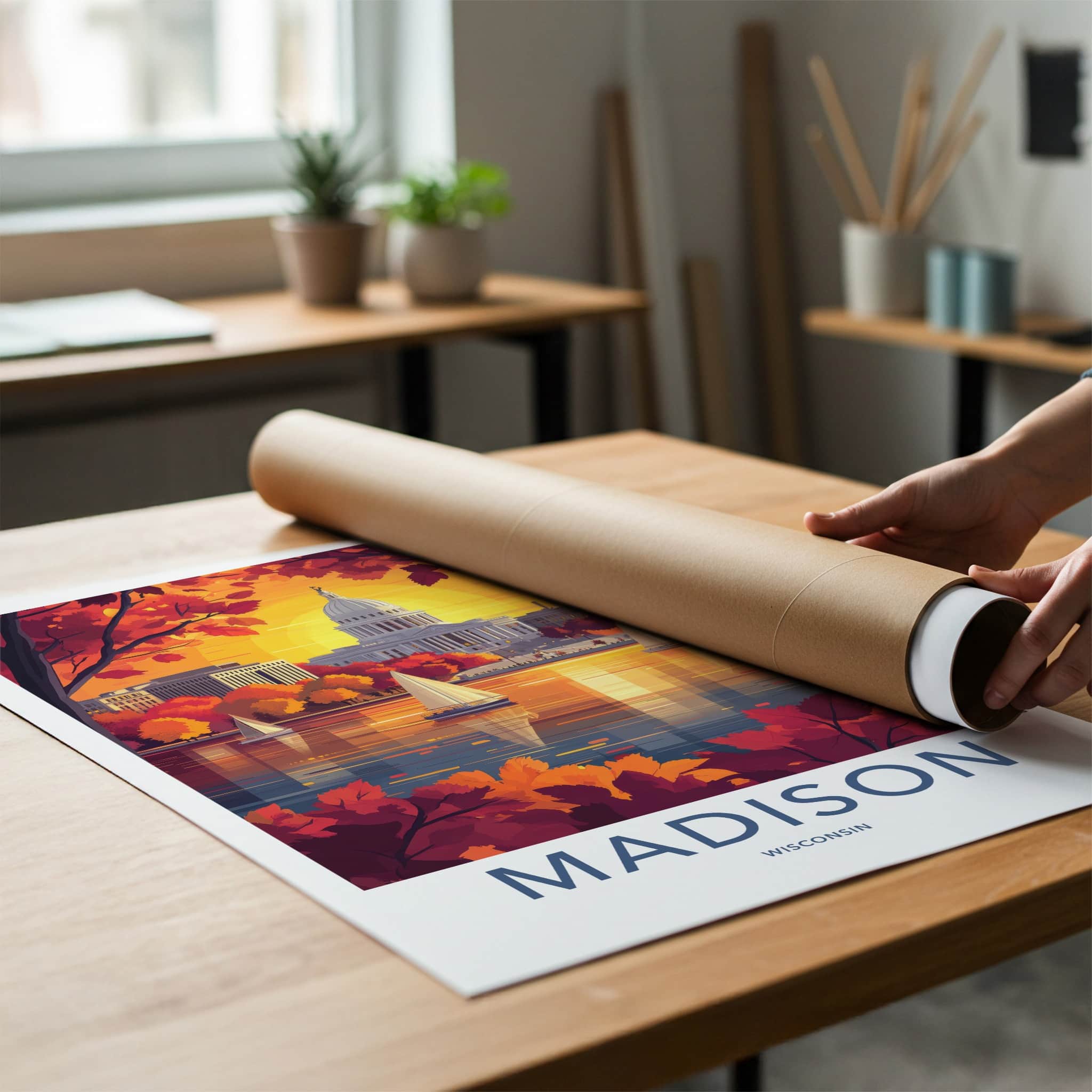 Madison Poster - Wisconsin Travel Art - Autumn Lake Sunset Home Decor