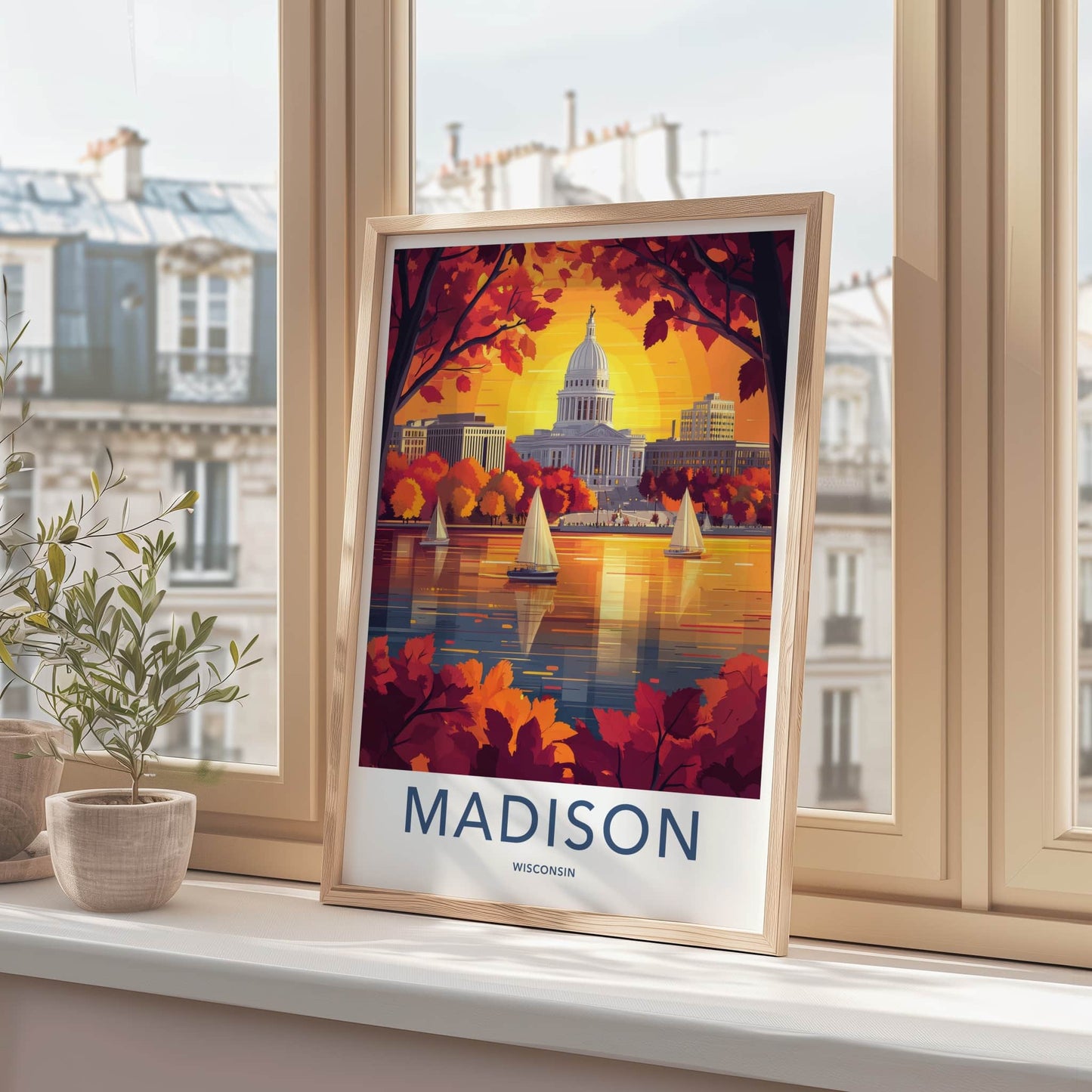 Madison Poster - Wisconsin Travel Art - Autumn Lake Sunset Home Decor