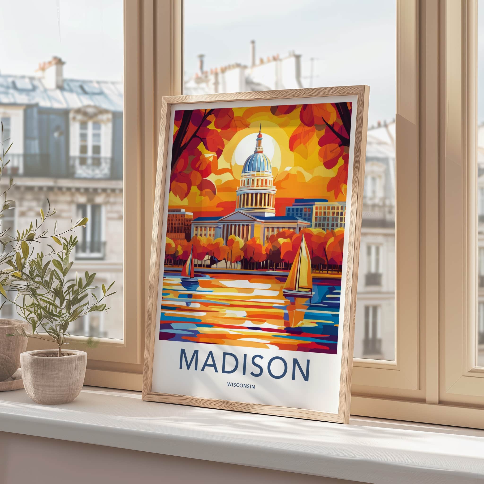 Madison Poster - Wisconsin Travel Art - Colorful Capitol Sunset Home Decor