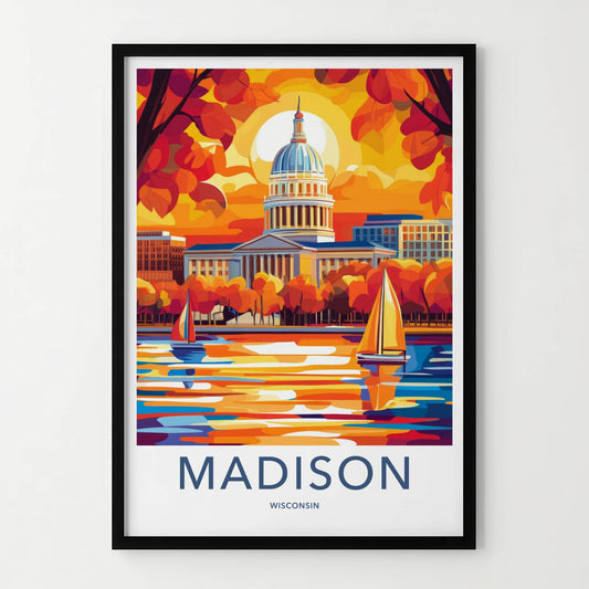 Madison Poster - Wisconsin Travel Art - Colorful Capitol Sunset Home Decor