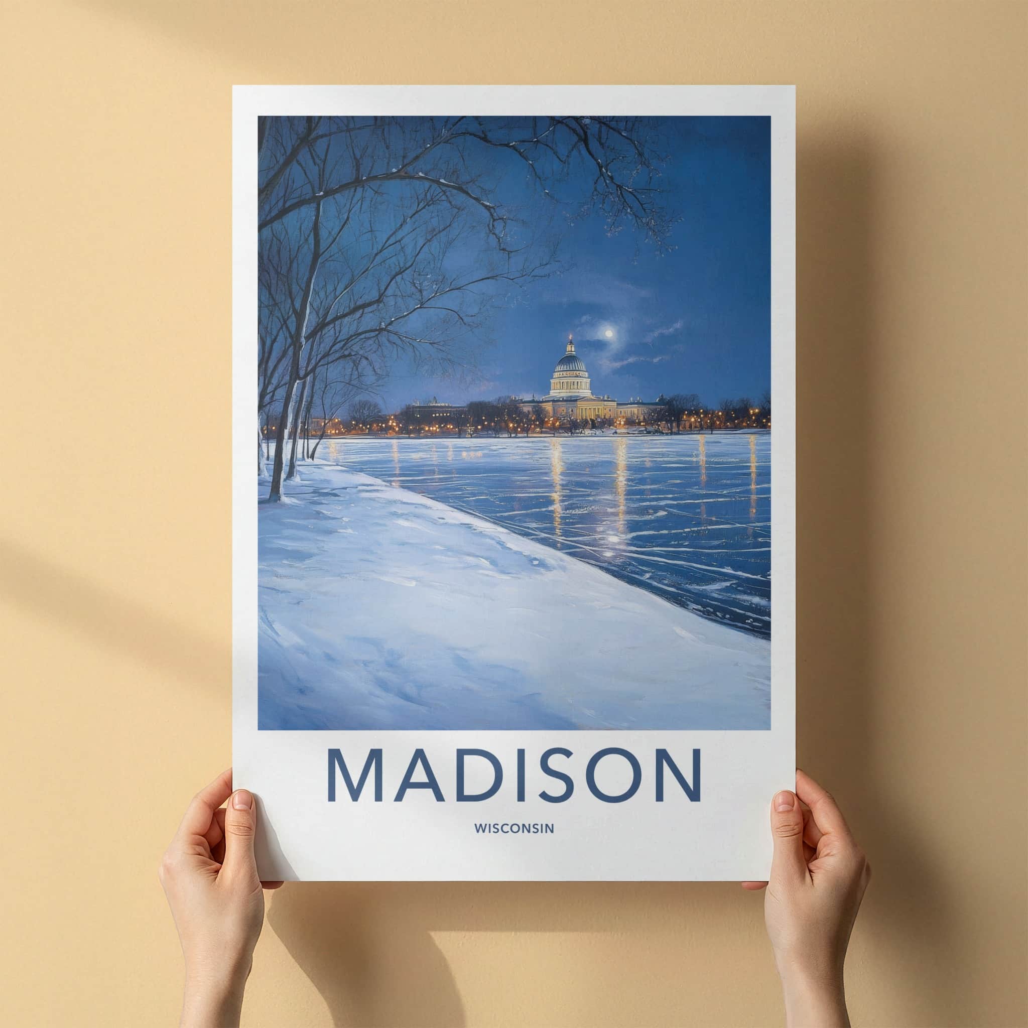 Madison Poster - Wisconsin Travel Art - Moonlit Capitol Reflection Wall Decor