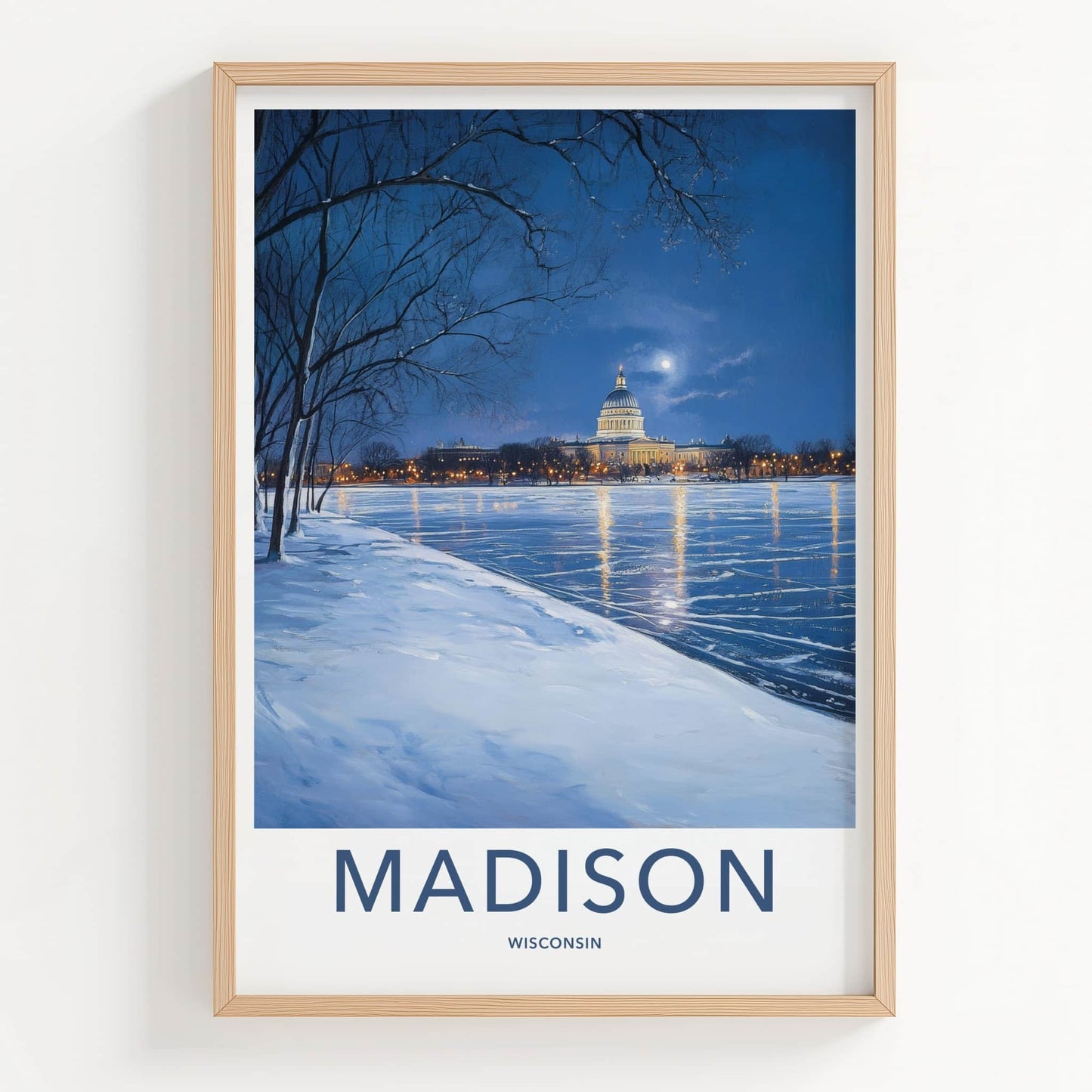 Madison Poster - Wisconsin Travel Art - Moonlit Capitol Reflection Wall Decor