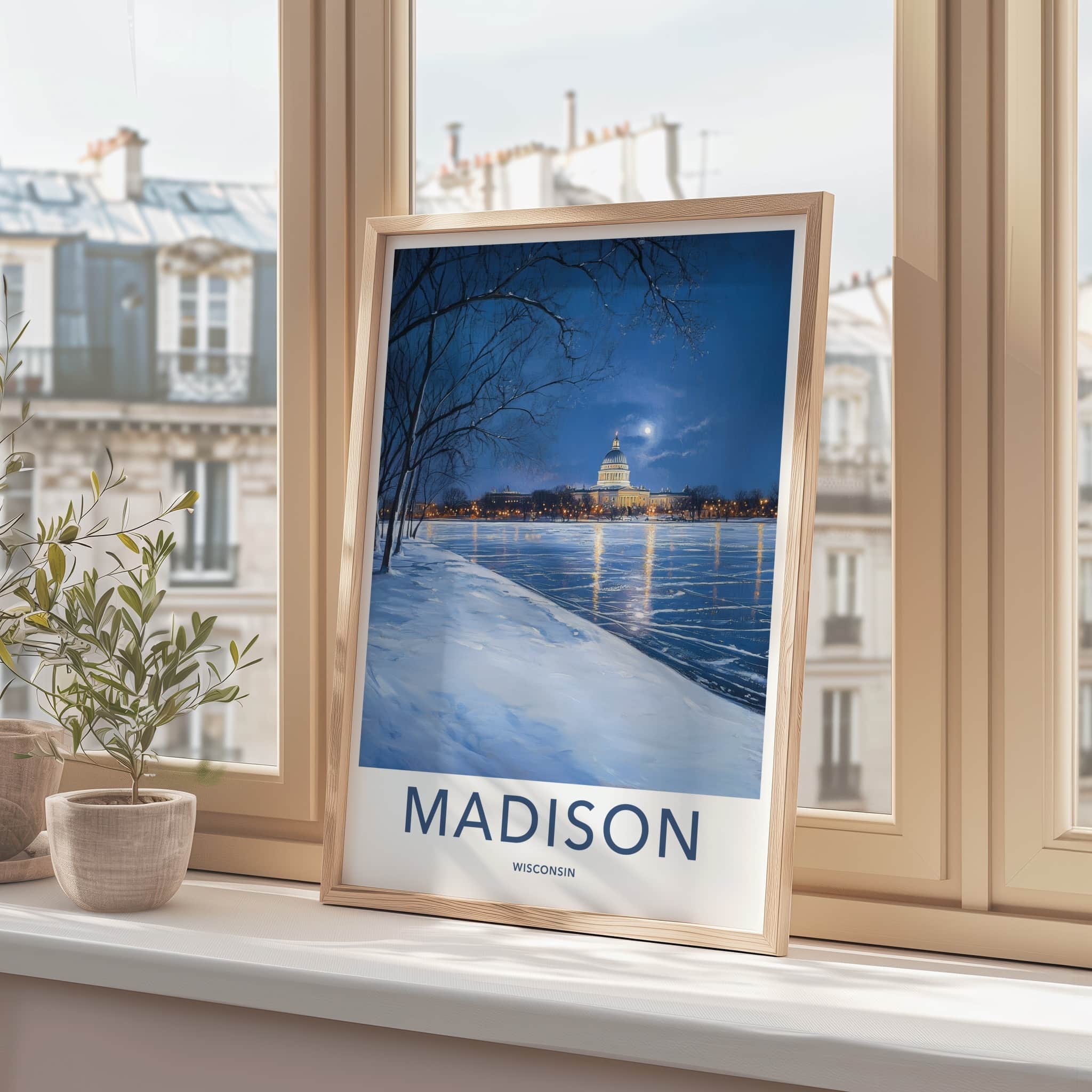 Madison Poster - Wisconsin Travel Art - Moonlit Capitol Reflection Wall Decor
