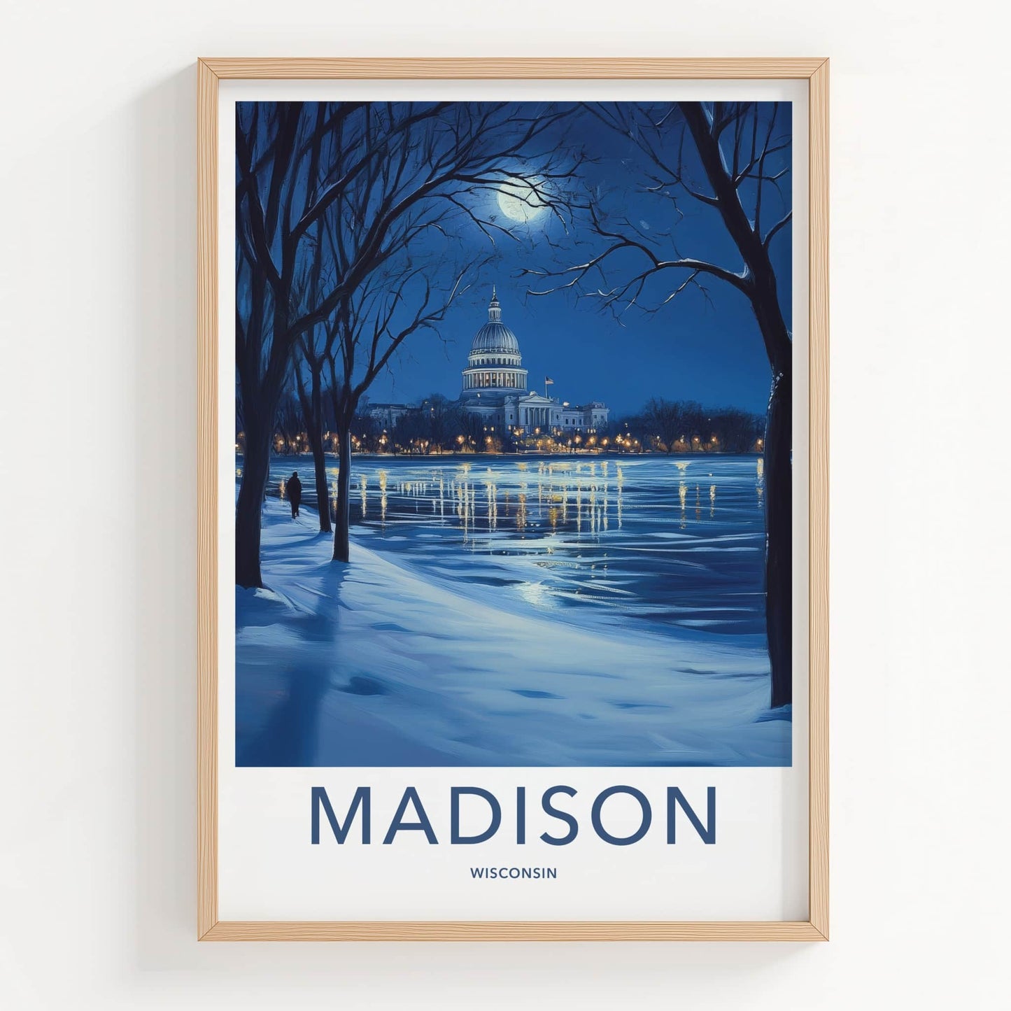 Madison Poster - Wisconsin Travel Art - Moonlit Winter Capitol Home Decor