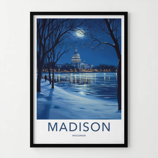 Madison Poster - Wisconsin Travel Art - Moonlit Winter Capitol Home Decor