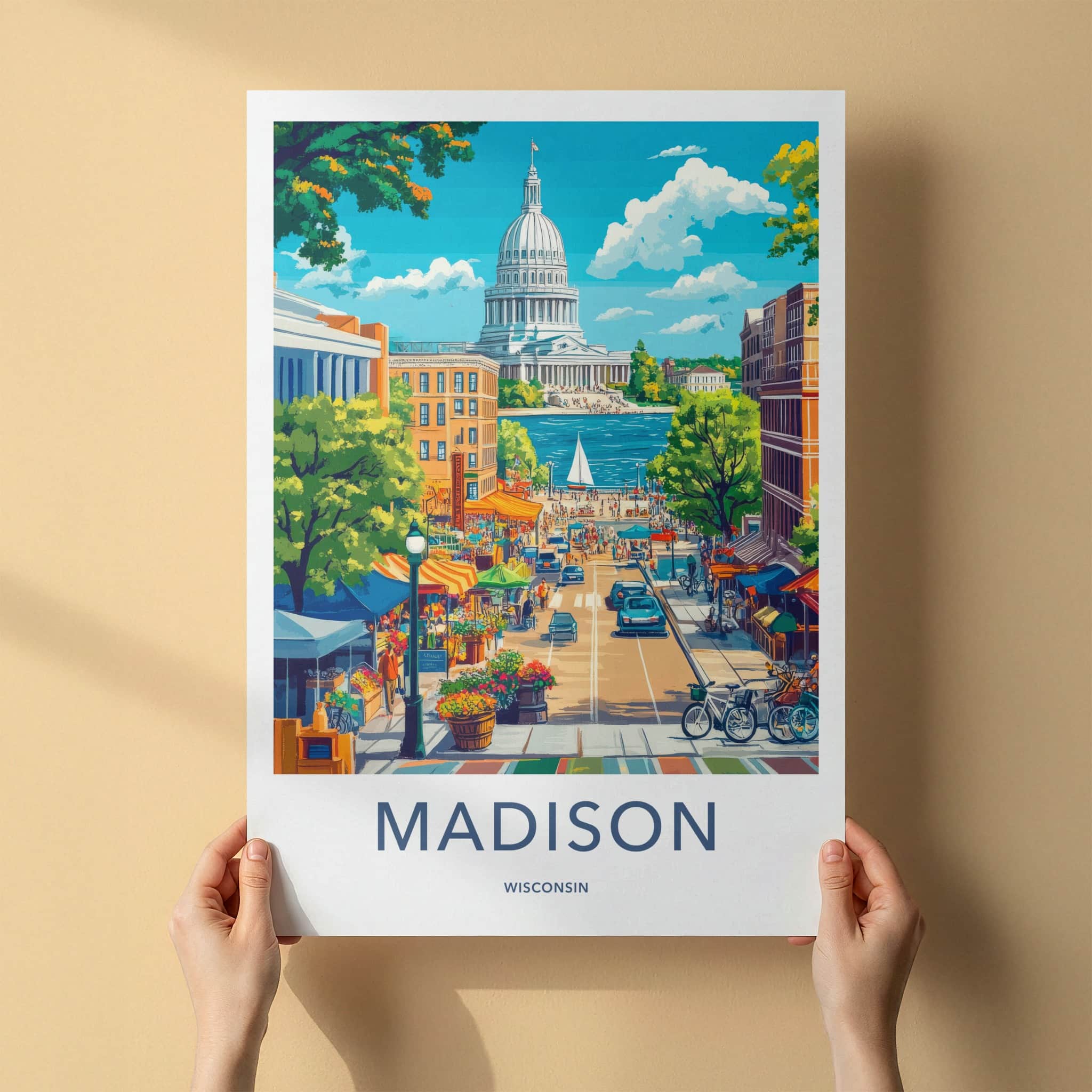 Madison Poster - Wisconsin Travel Art - Vibrant Street Scene Home Decor