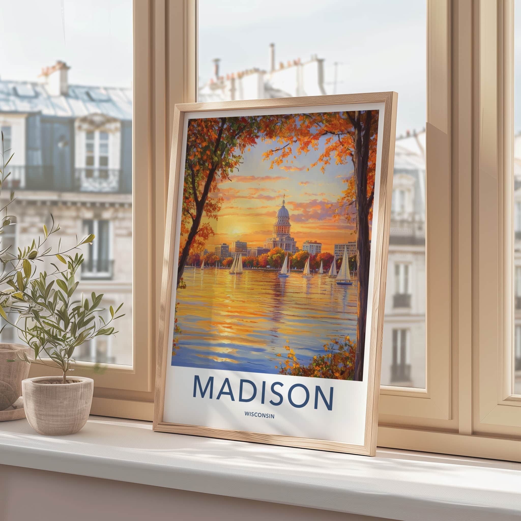 Madison Poster - Wisconsin Travel Print - Golden Lake Reflections Home Decor