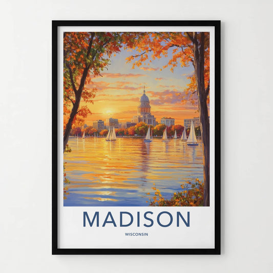 Madison Poster - Wisconsin Travel Print - Golden Lake Reflections Home Decor