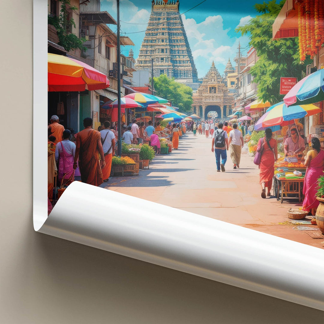 Madurai Poster - India Travel Art - Tamil Nadu Bustling Market Temple Home Decor