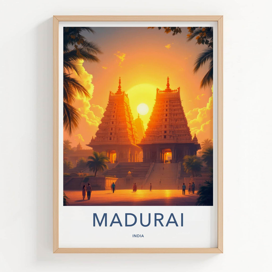 Madurai Poster - India Travel Art - Tamil Nadu Golden Temple Sunset Home Decor