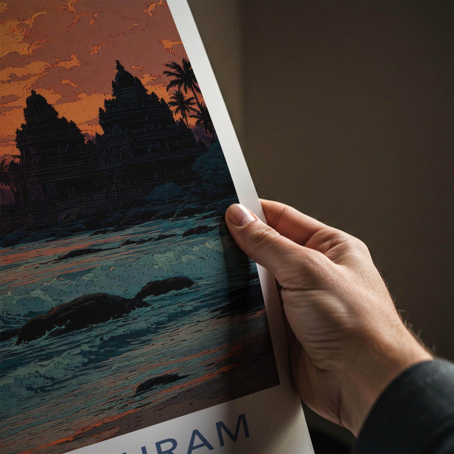 Mahabalipuram Poster - India Travel Art - Tamil Nadu Coastal Temple Sunset Home Decor
