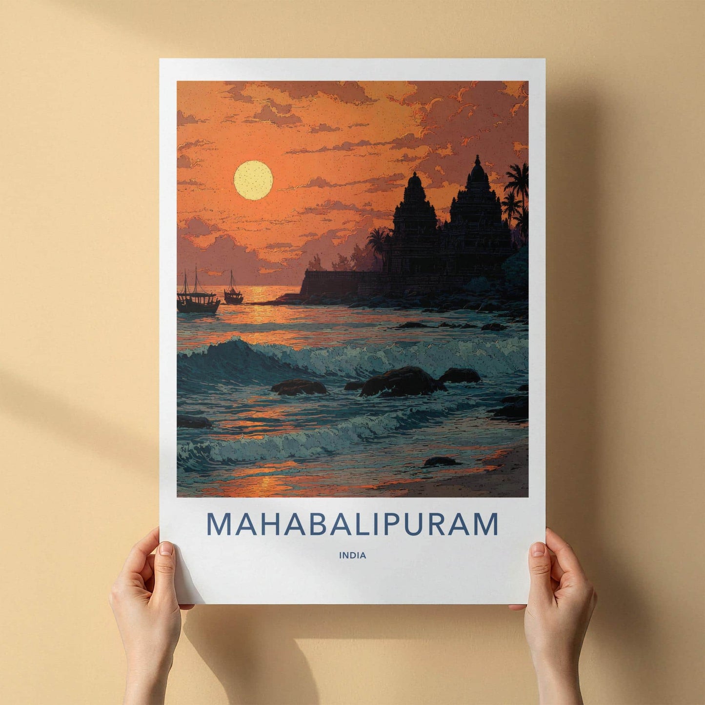 Mahabalipuram Poster - India Travel Art - Tamil Nadu Coastal Temple Sunset Home Decor