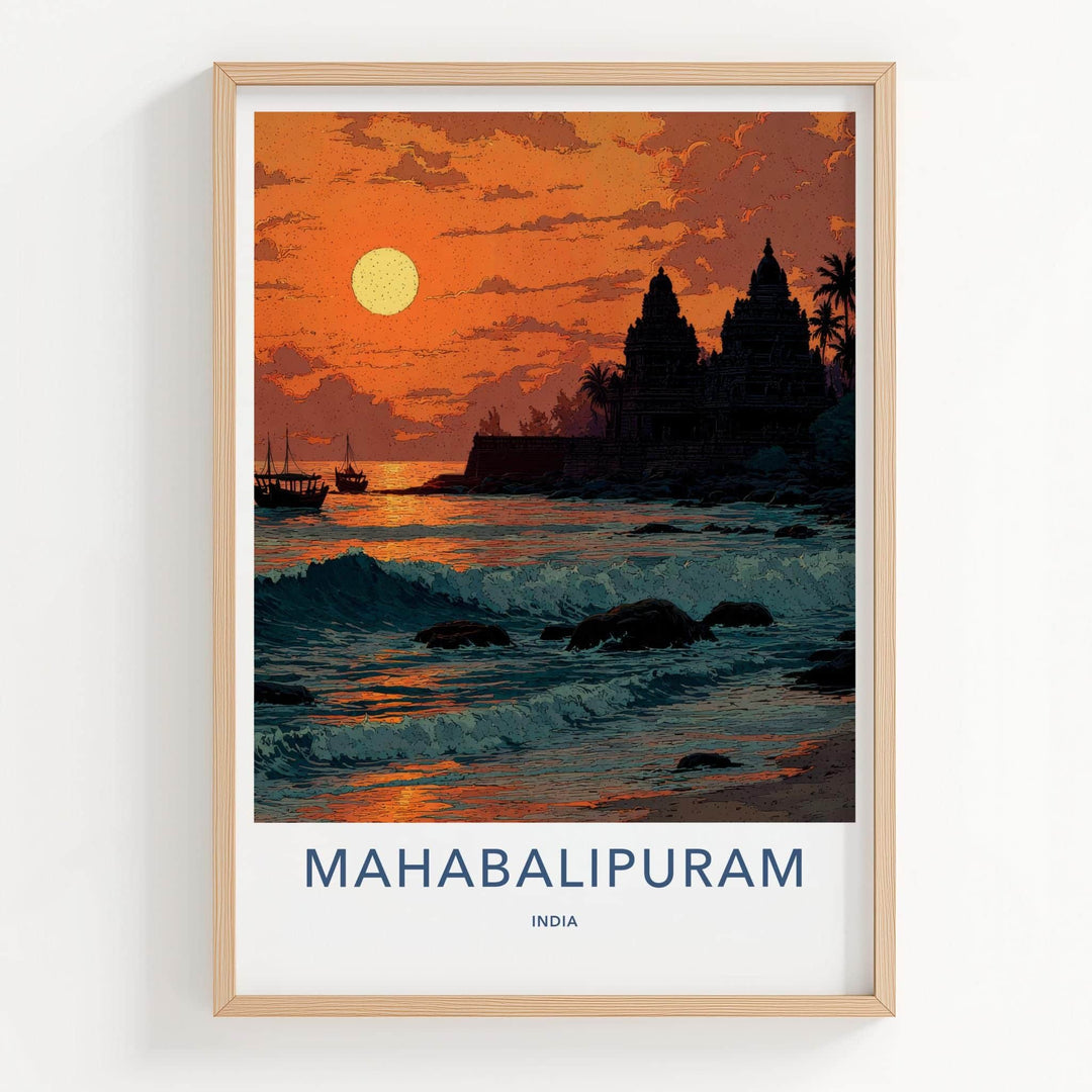 Mahabalipuram Poster - India Travel Art - Tamil Nadu Coastal Temple Sunset Home Decor