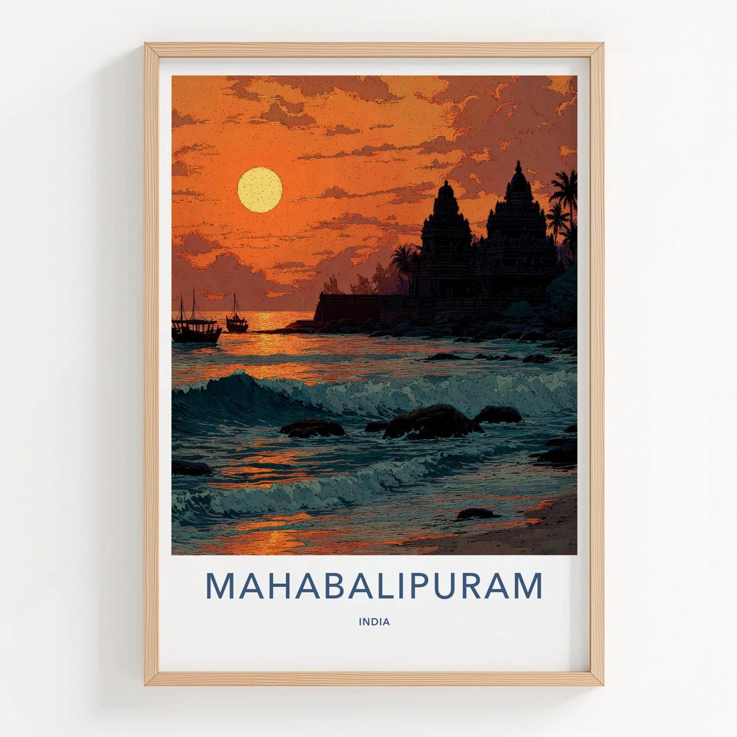 Mahabalipuram Poster - India Travel Art - Tamil Nadu Coastal Temple Sunset Home Decor