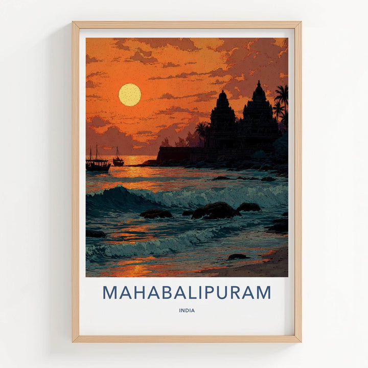 Mahabalipuram Poster - India Travel Art - Tamil Nadu Coastal Temple Sunset Home Decor