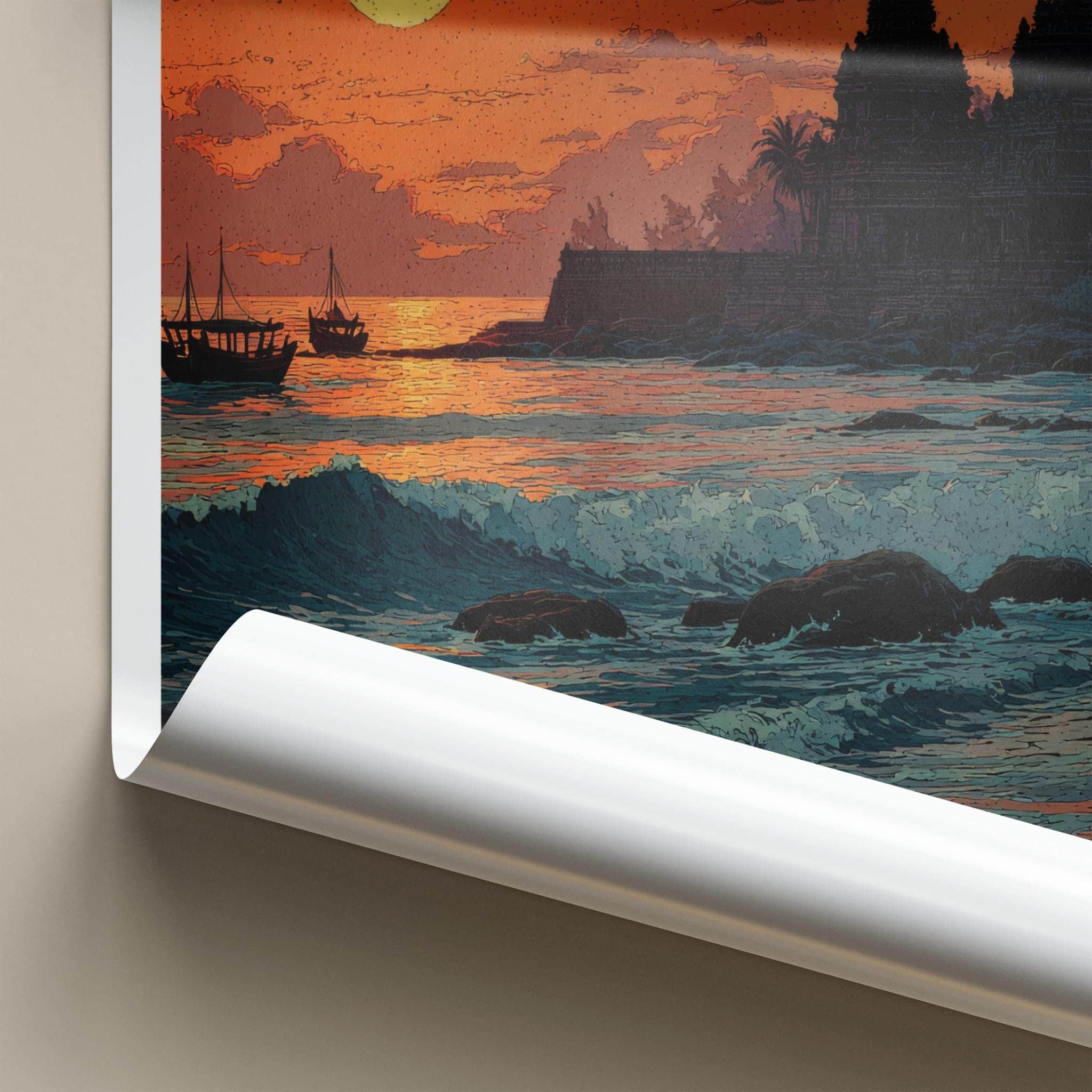 Mahabalipuram Poster - India Travel Art - Tamil Nadu Coastal Temple Sunset Home Decor