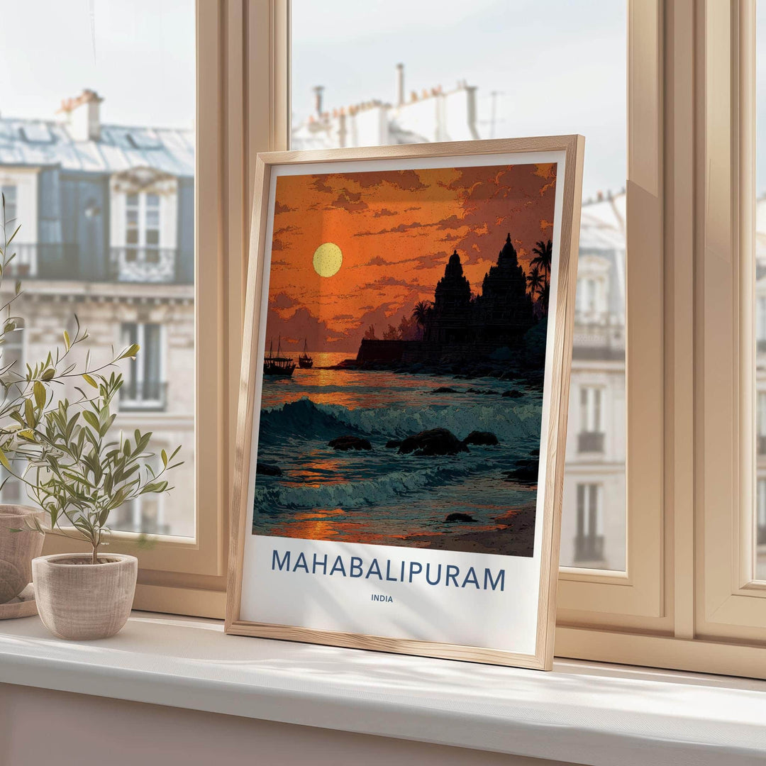 Mahabalipuram Poster - India Travel Art - Tamil Nadu Coastal Temple Sunset Home Decor