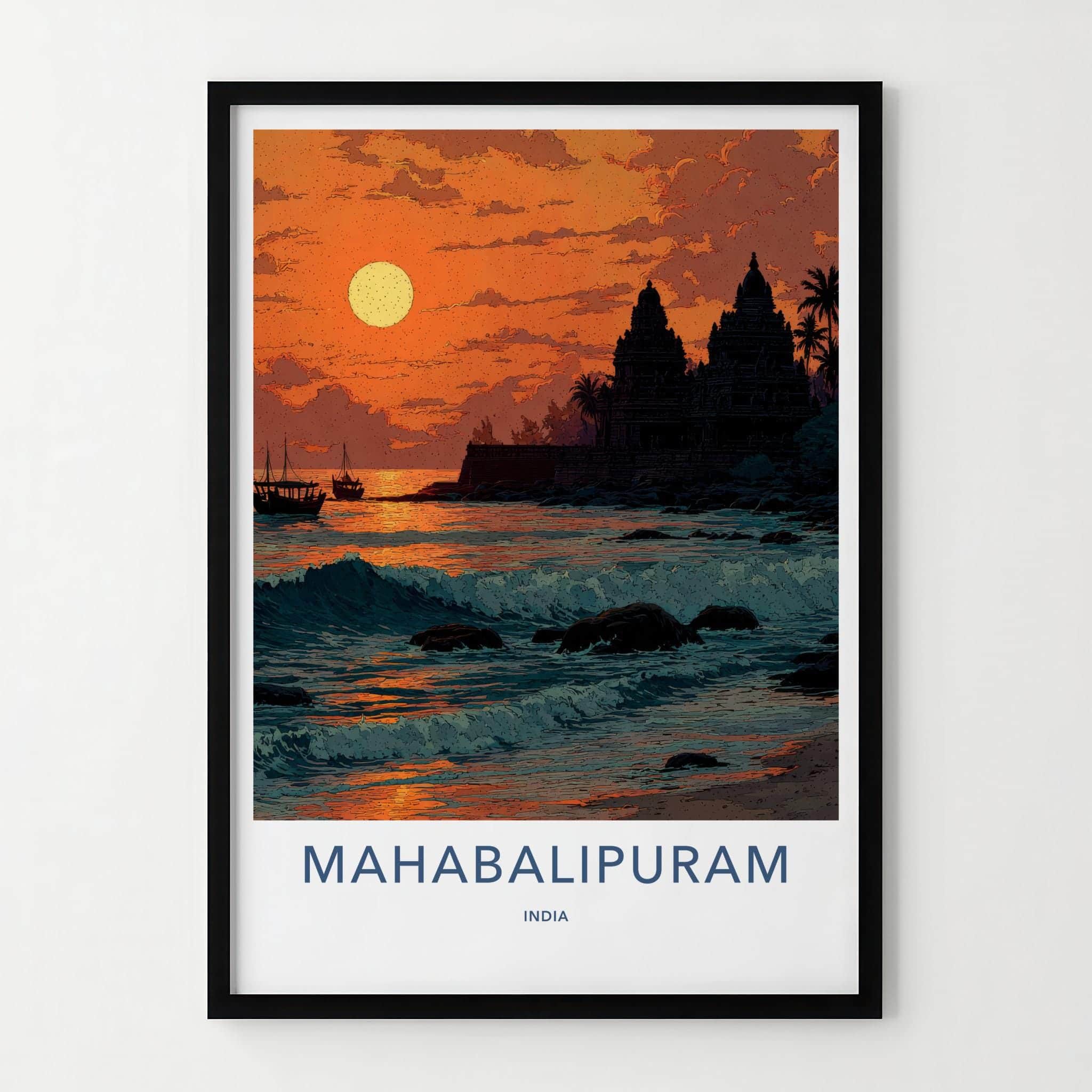 Mahabalipuram Poster - India Travel Art - Tamil Nadu Coastal Temple Sunset Home Decor
