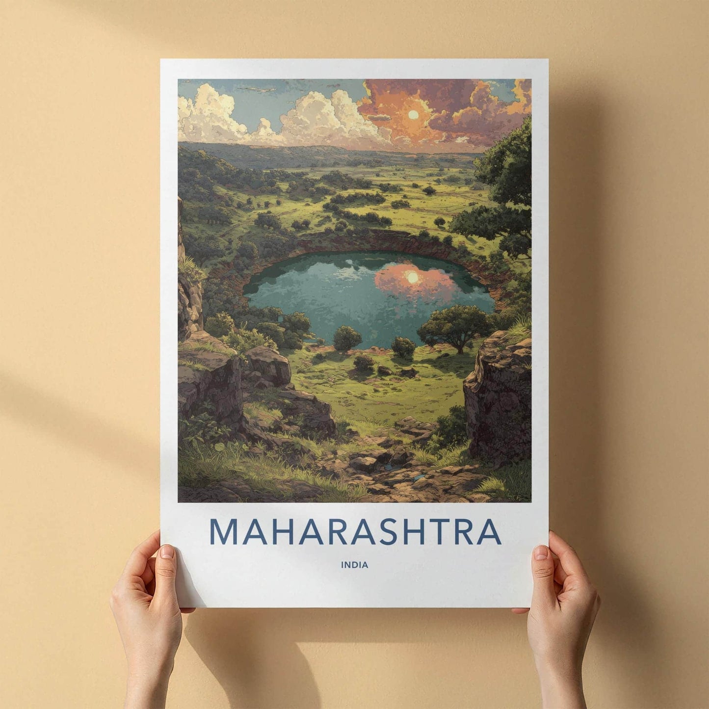 Maharashtra Poster - India Travel Art - Maharashtra Volcanic Lake Sunset Home Decor