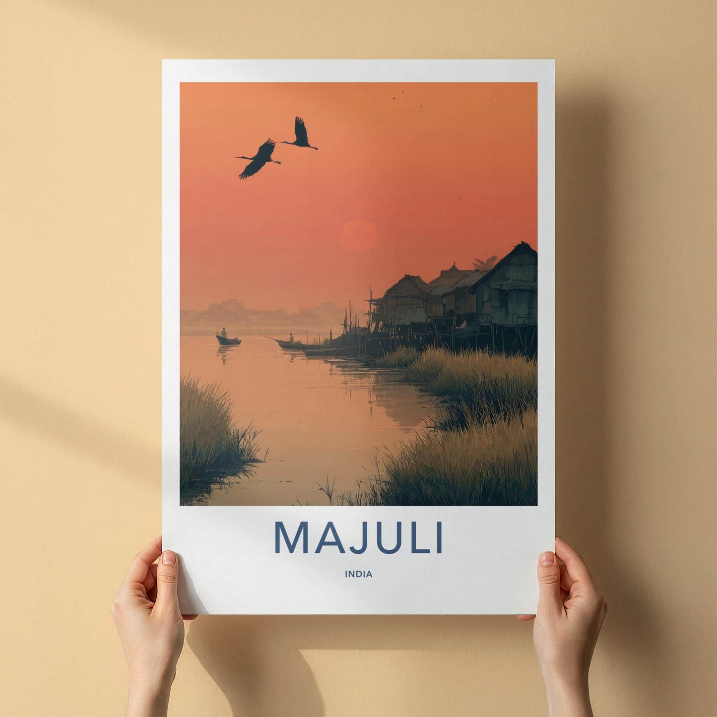 Majuli Poster - India Travel Art - Assam River Village Sunset Home Decor
