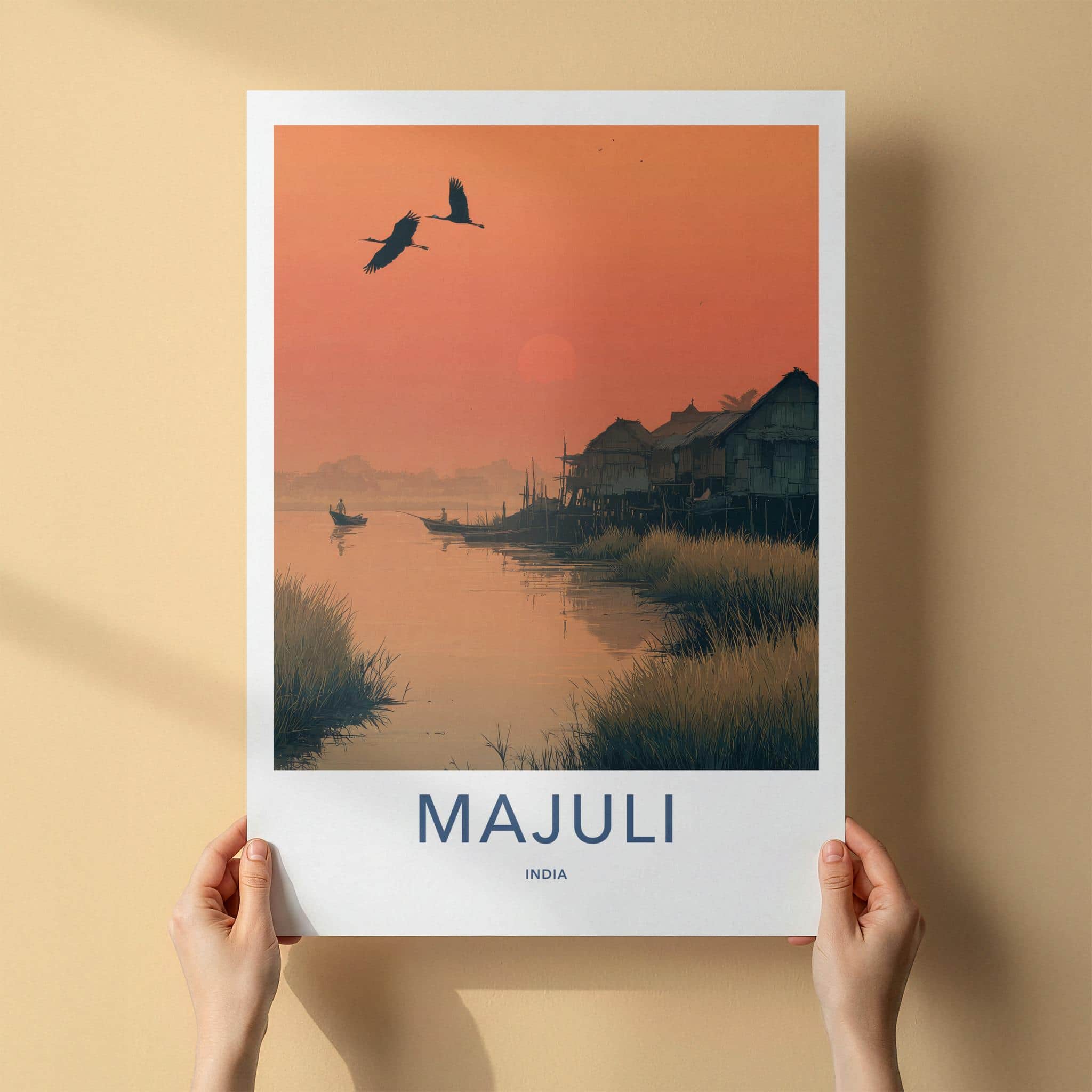 Majuli Poster - India Travel Art - Assam River Village Sunset Home Decor