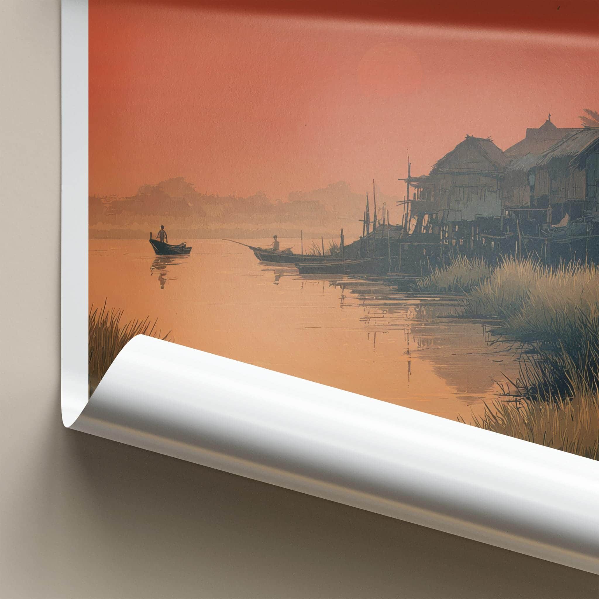 Majuli Poster - India Travel Art - Assam River Village Sunset Home Decor