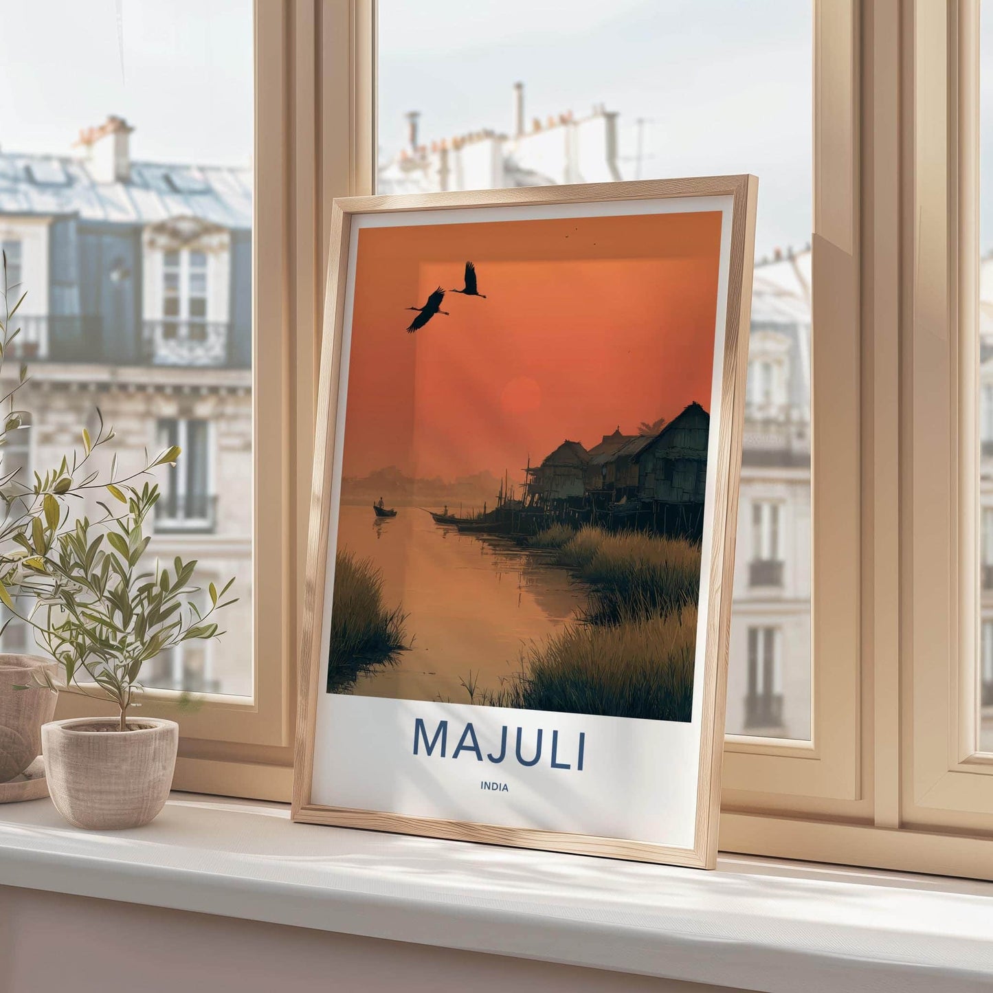 Majuli Poster - India Travel Art - Assam River Village Sunset Home Decor
