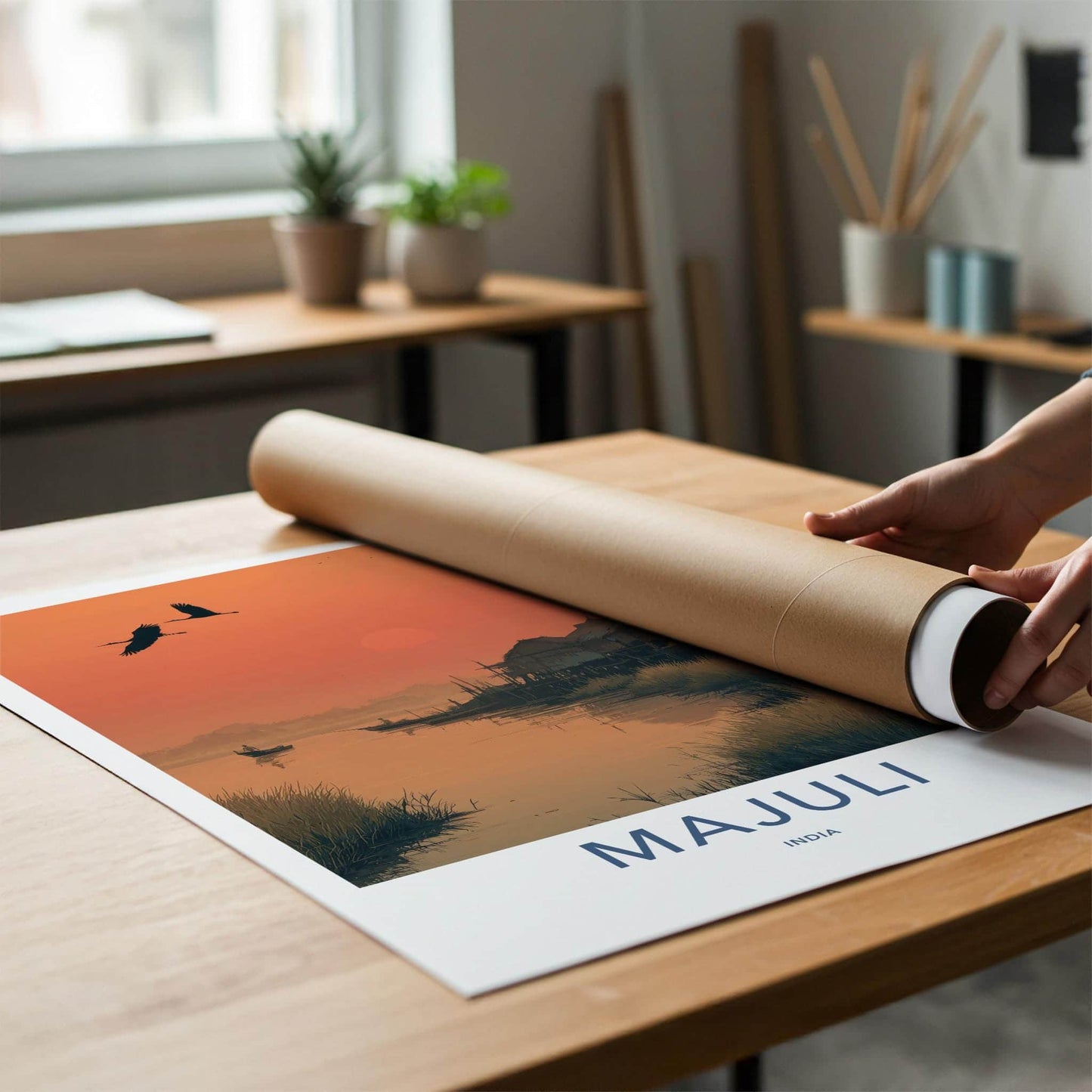 Majuli Poster - India Travel Art - Assam River Village Sunset Home Decor