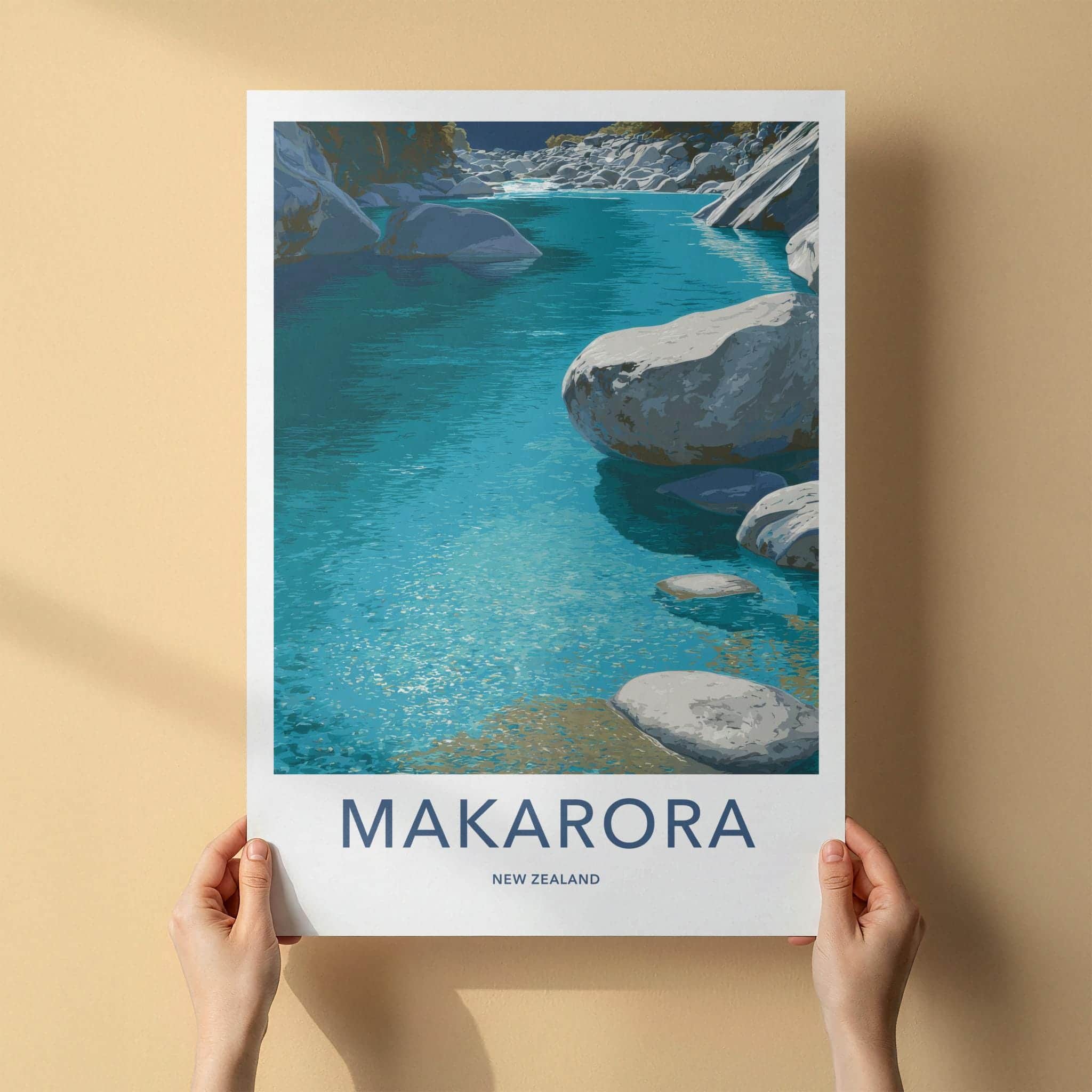 Makarora Poster - New Zealand Travel Art - Turquoise River Rocks Home Decor