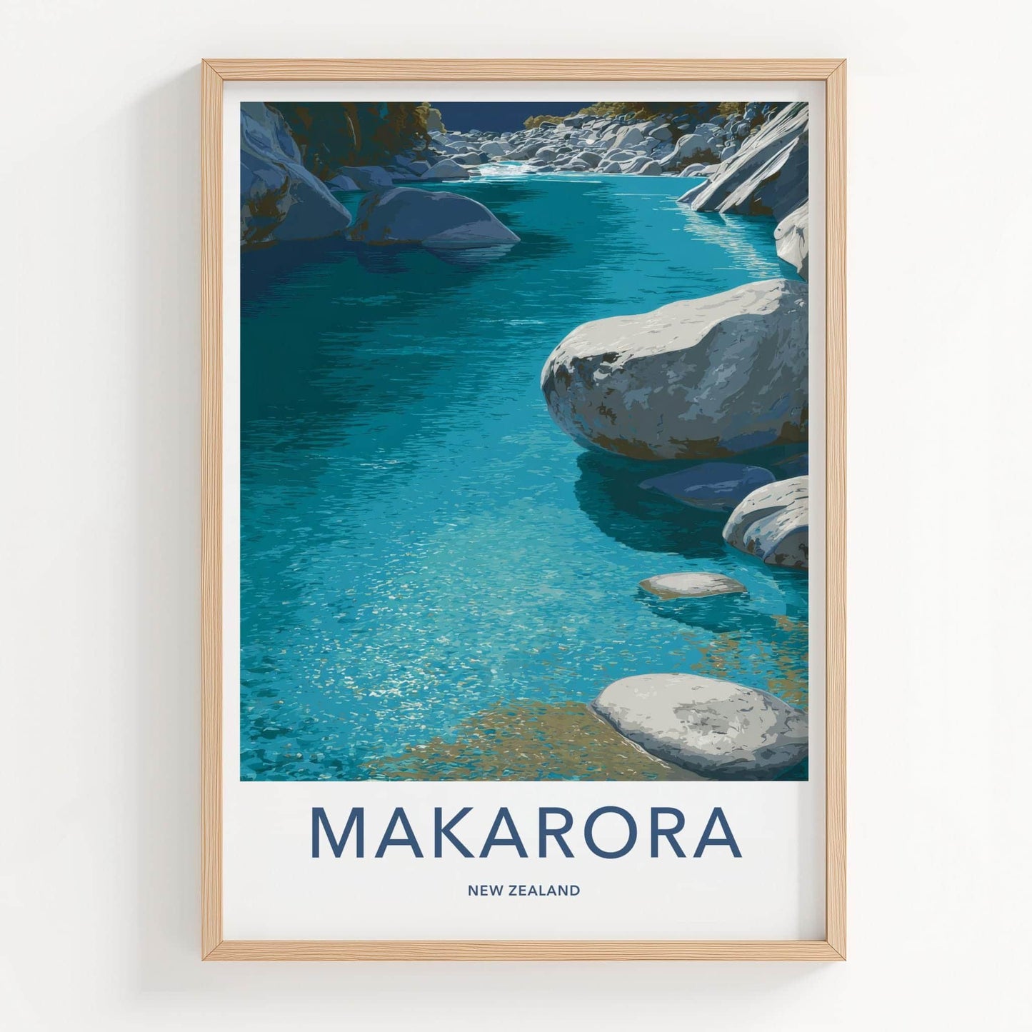 Makarora Poster - New Zealand Travel Art - Turquoise River Rocks Home Decor