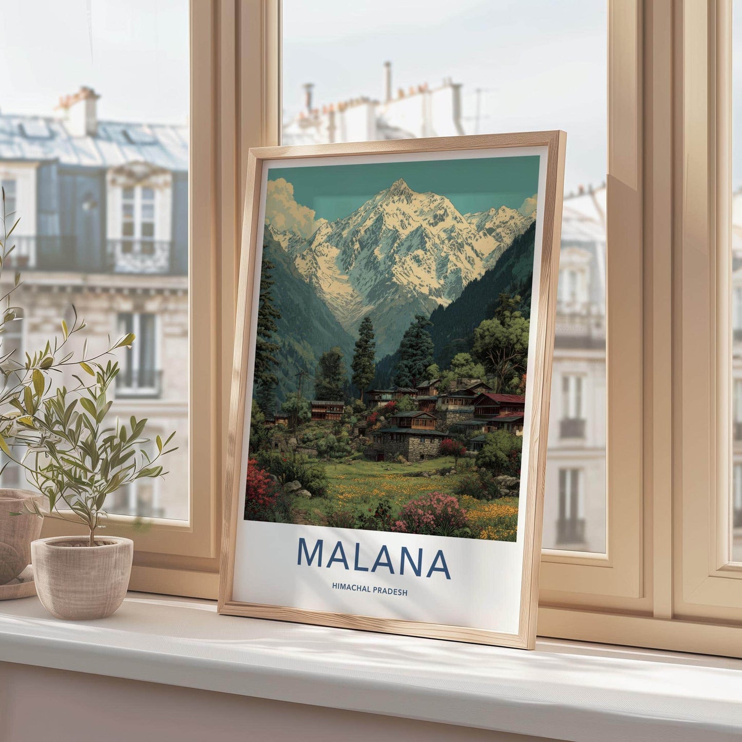 Malana Poster - India Travel Art - Himachal Pradesh Snowy Peaks Village Home Decor