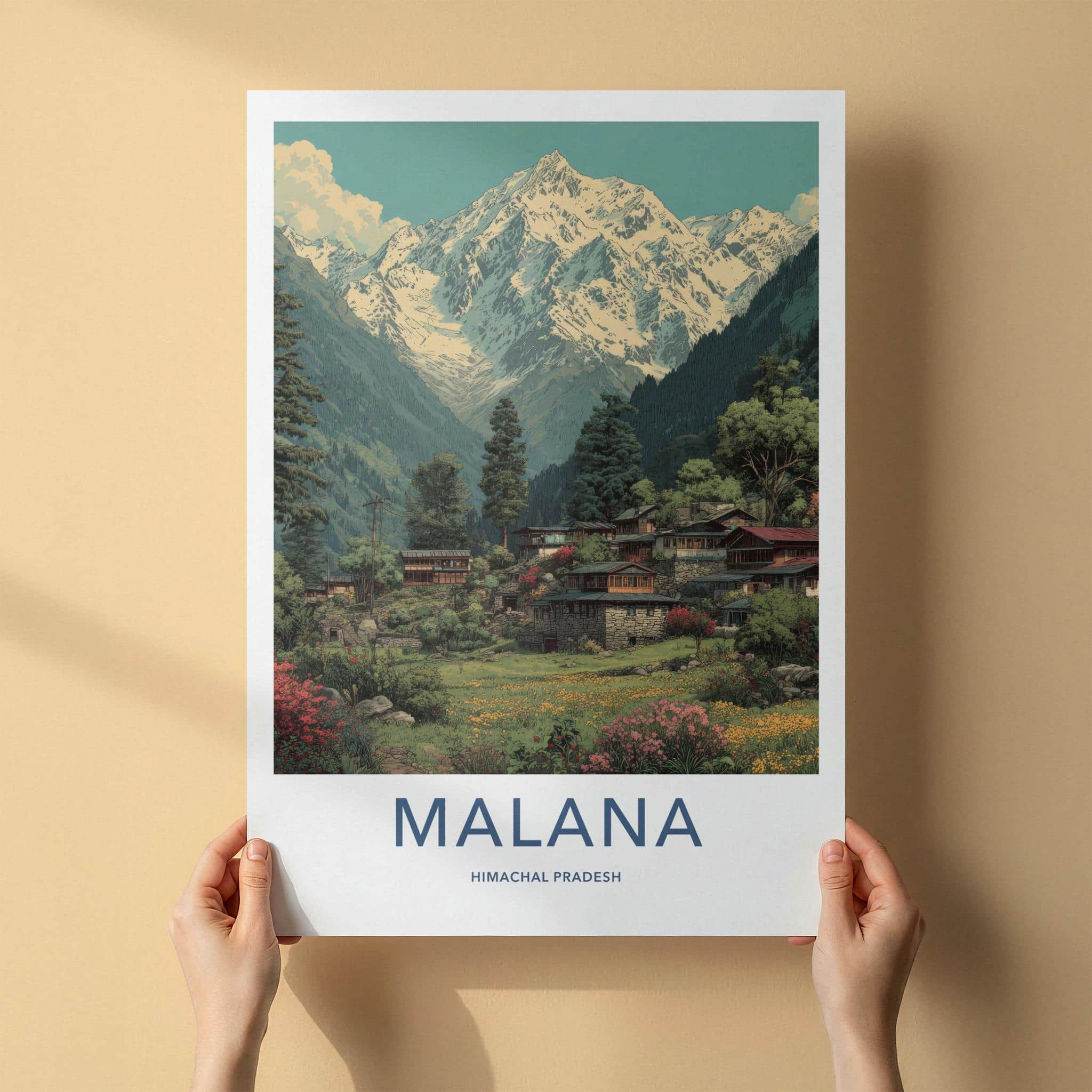 Malana Poster - India Travel Art - Himachal Pradesh Snowy Peaks Village Home Decor