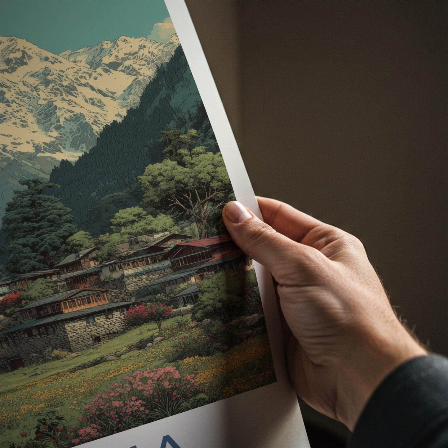 Malana Poster - India Travel Art - Himachal Pradesh Snowy Peaks Village Home Decor