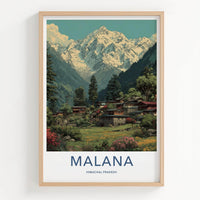 Malana Poster - India Travel Art - Himachal Pradesh Snowy Peaks Village Home Decor