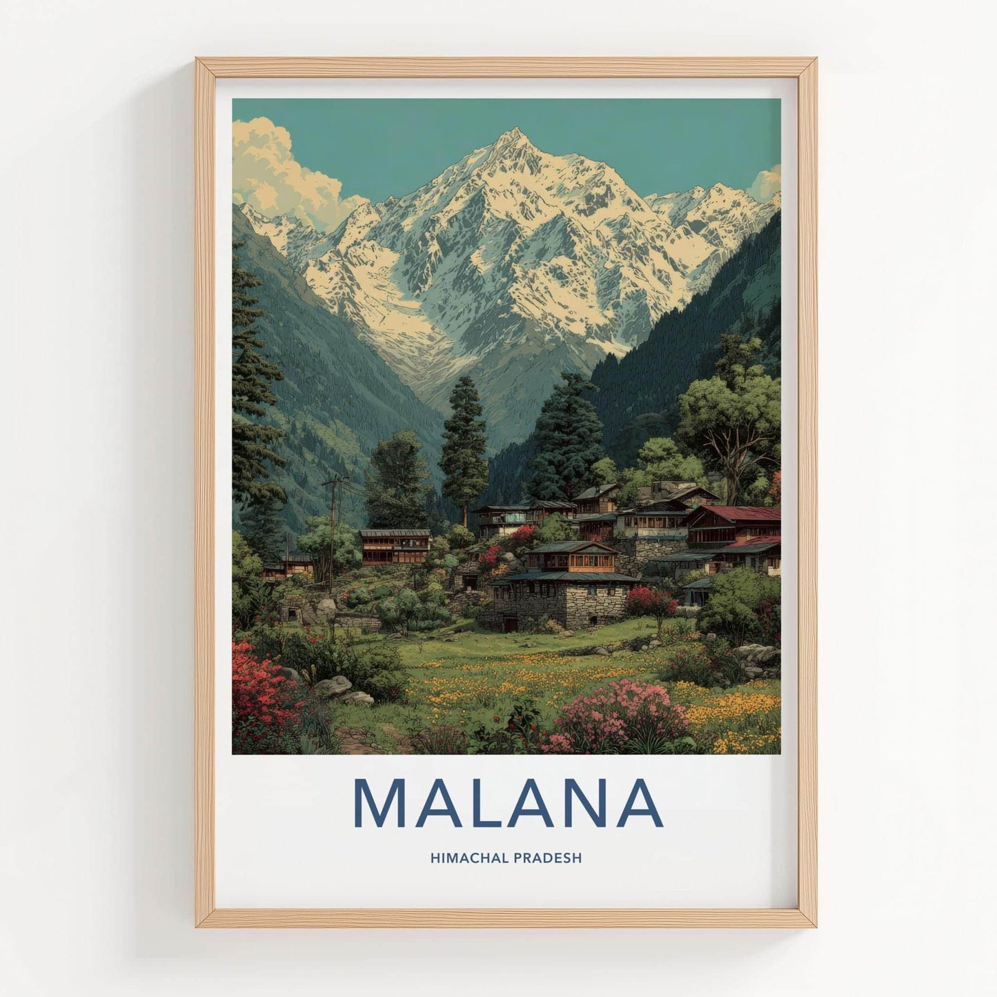 Malana Poster - India Travel Art - Himachal Pradesh Snowy Peaks Village Home Decor