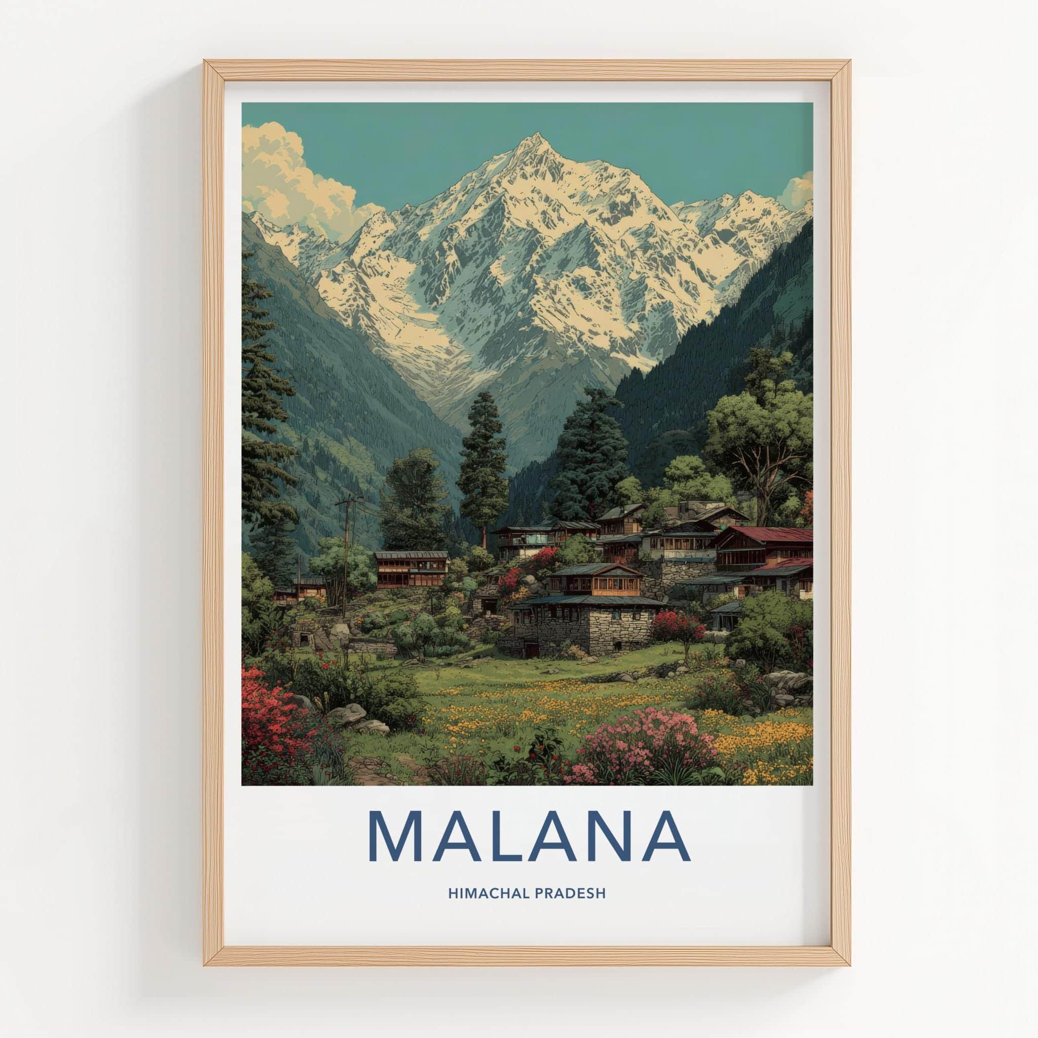 Malana Poster - India Travel Art - Himachal Pradesh Snowy Peaks Village Home Decor