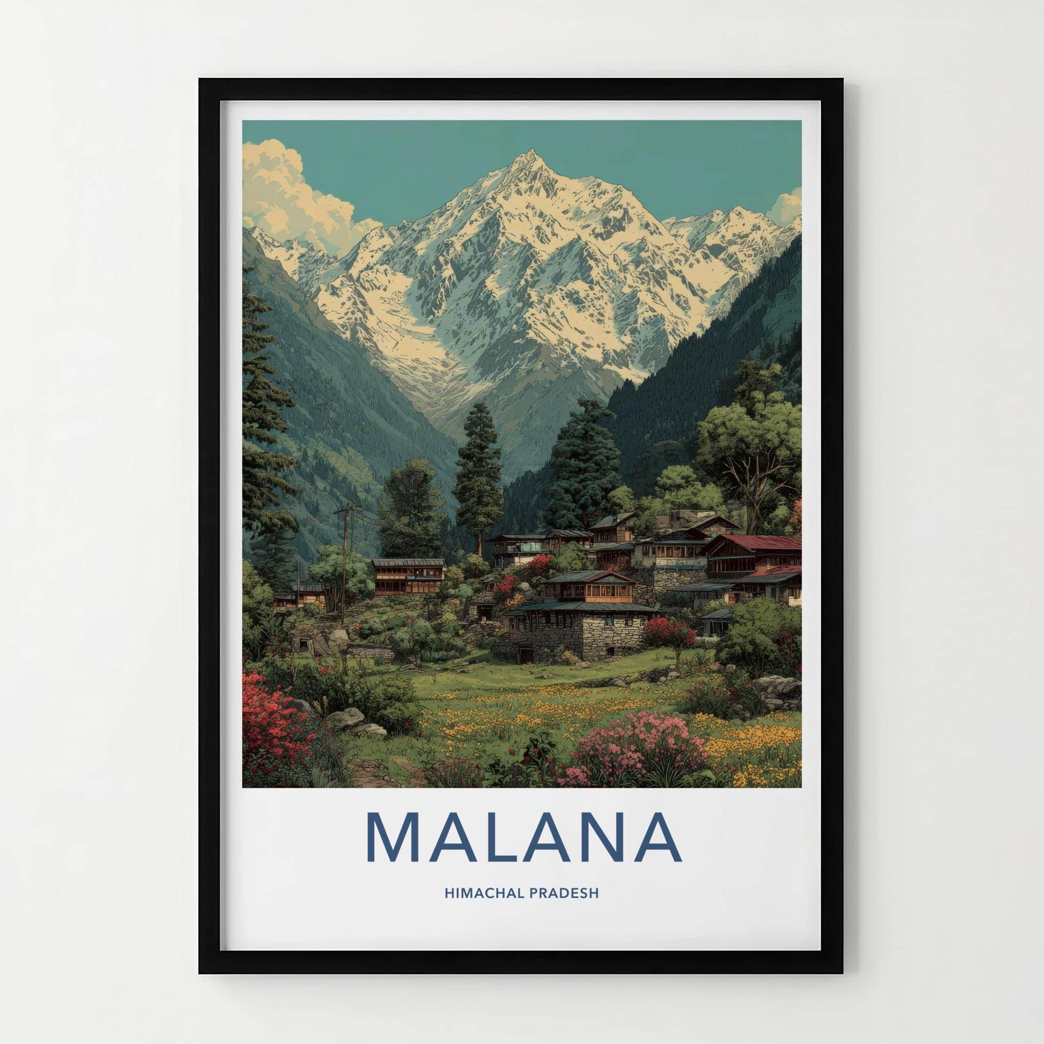 Malana Poster - India Travel Art - Himachal Pradesh Snowy Peaks Village Home Decor