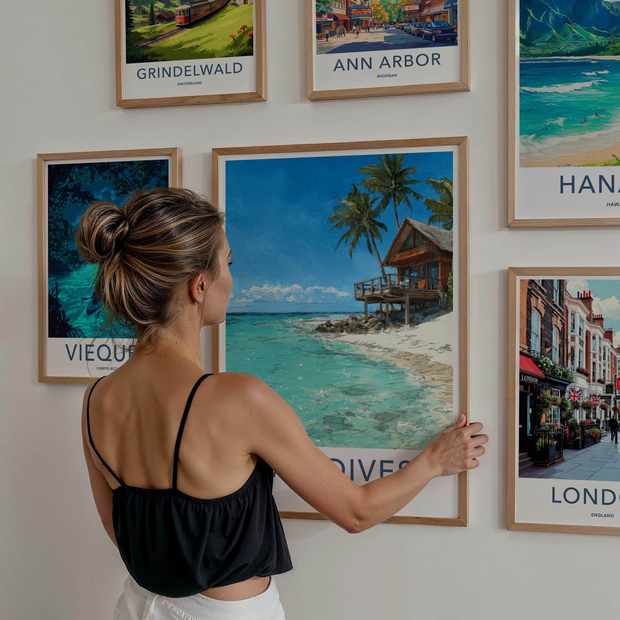 Maldives Poster - Maldives Travel Art - Beach Bungalow Clear Water Home Decor