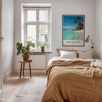 Maldives Poster - Maldives Travel Art - Beach Bungalow Clear Water Home Decor