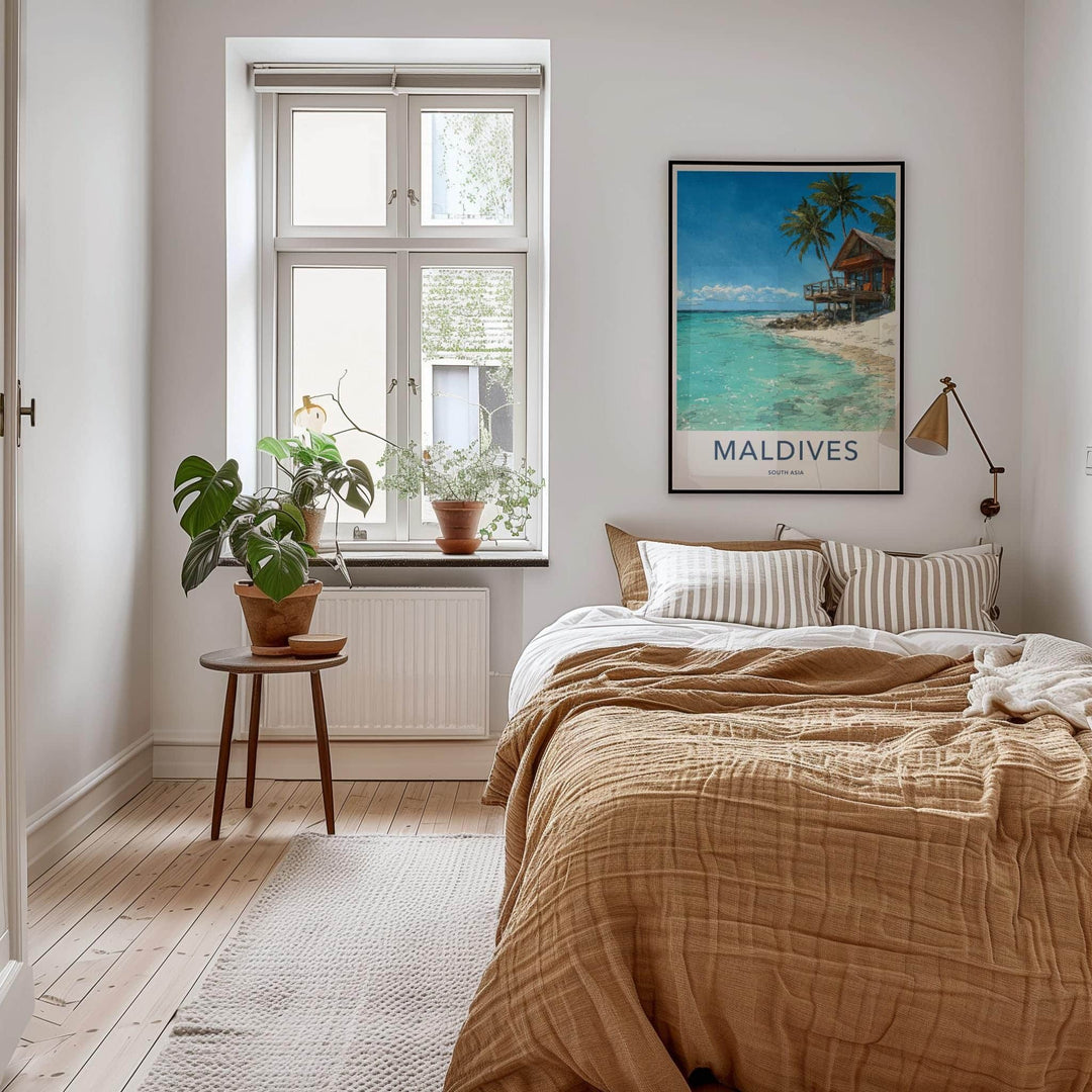 Maldives Poster - Maldives Travel Art - Beach Bungalow Clear Water Home Decor