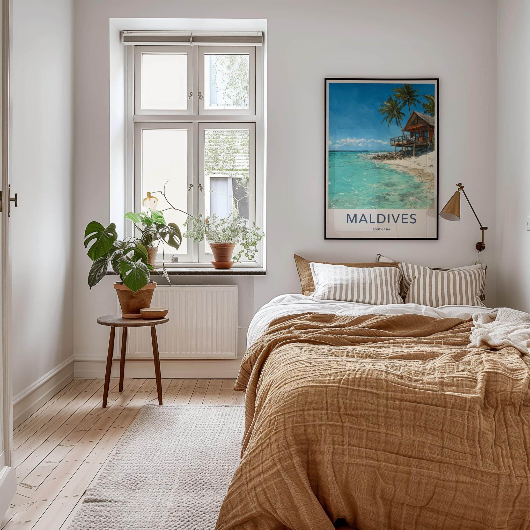 Maldives Poster - Maldives Travel Art - Beach Bungalow Clear Water Home Decor
