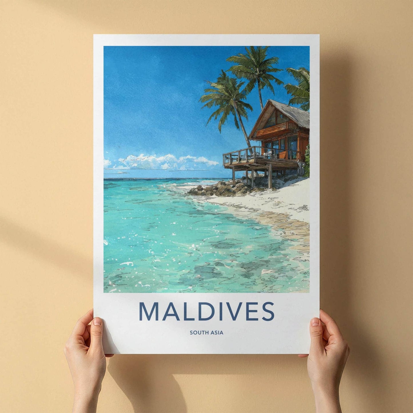 Maldives Poster - Maldives Travel Art - Beach Bungalow Clear Water Home Decor