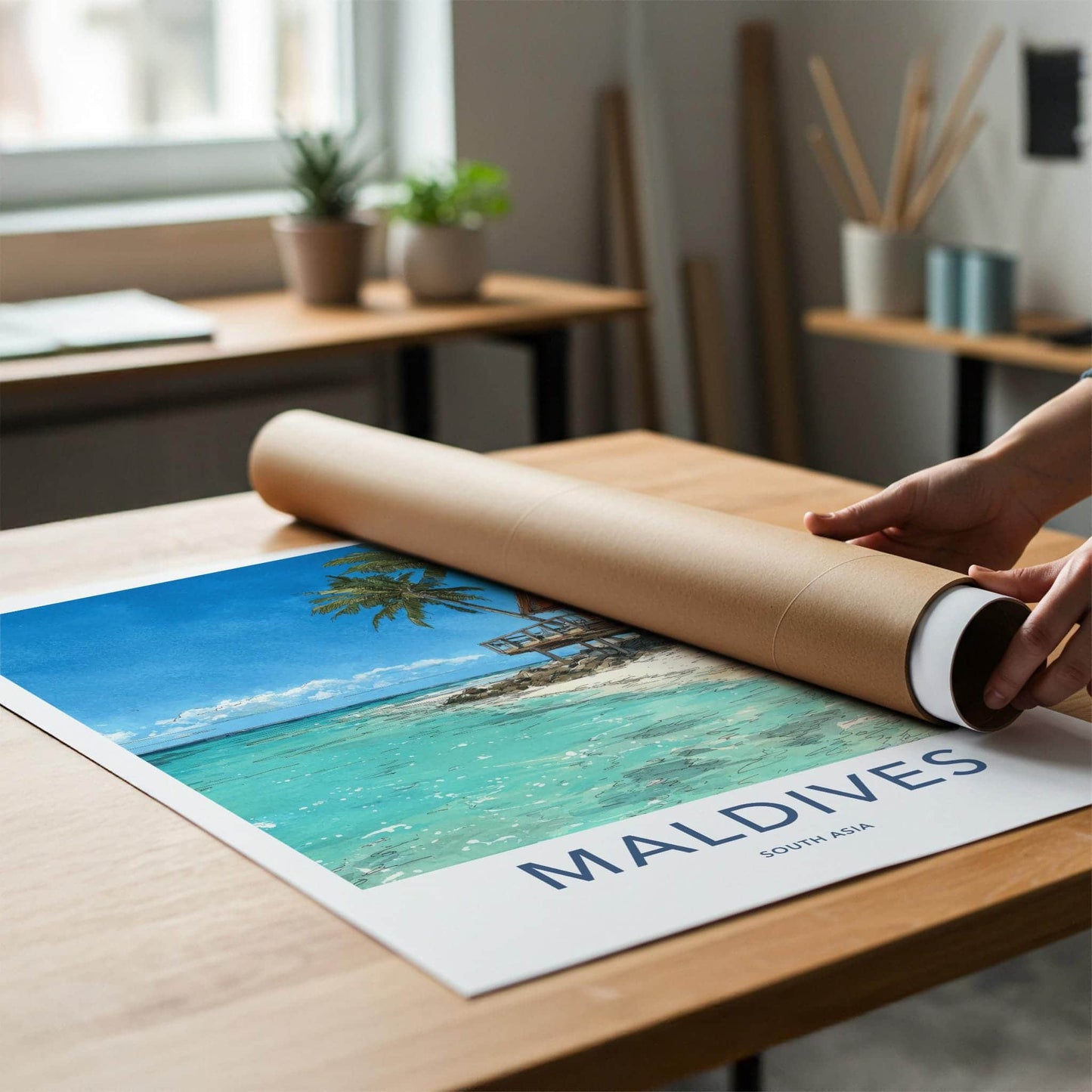 Maldives Poster - Maldives Travel Art - Beach Bungalow Clear Water Home Decor