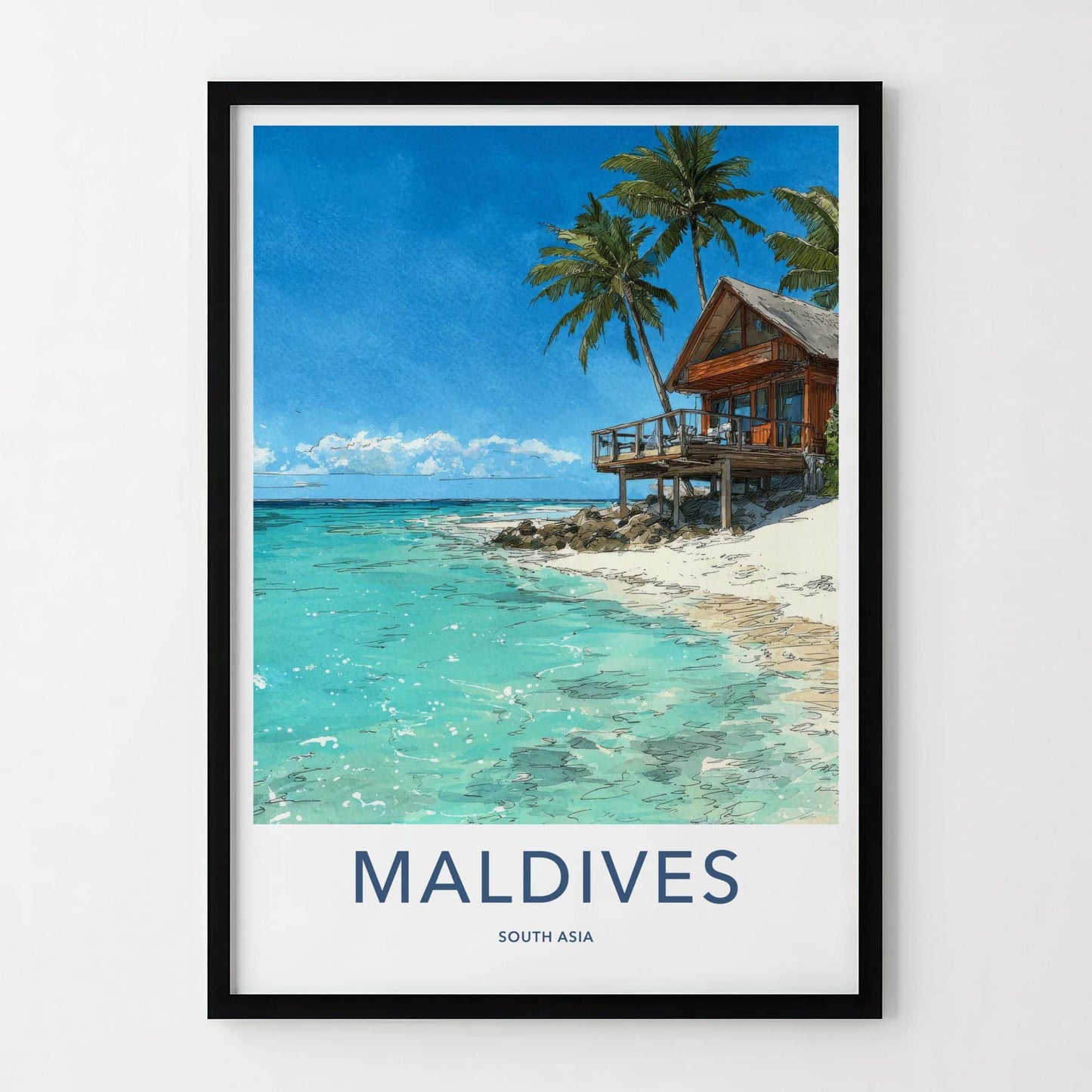 Maldives Poster - Maldives Travel Art - Beach Bungalow Clear Water Home Decor
