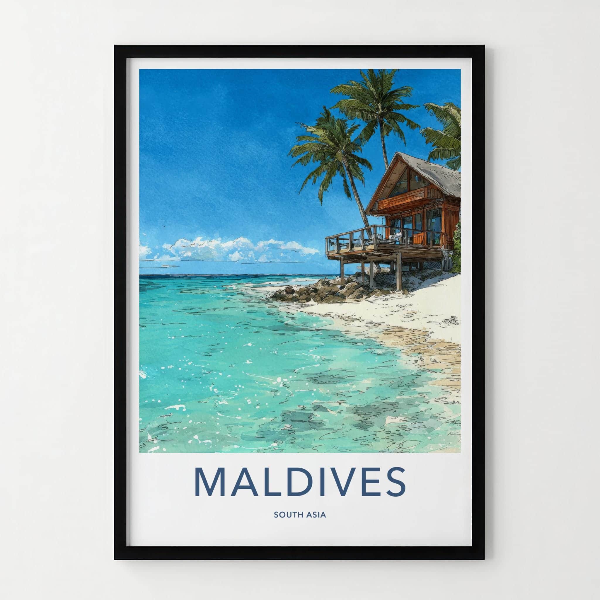 Maldives Poster - Maldives Travel Art - Beach Bungalow Clear Water Home Decor