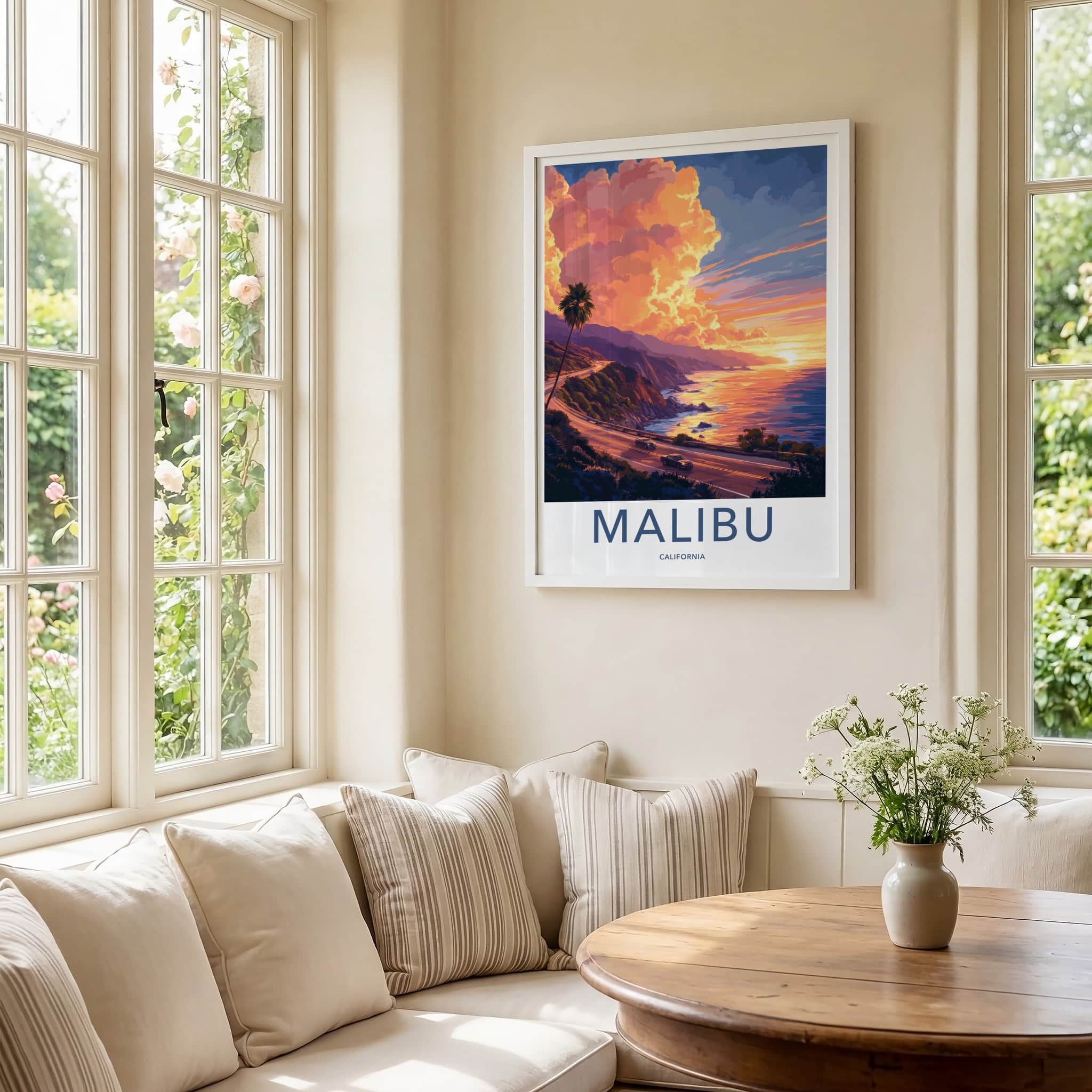 Malibu Poster - California Framed Print - Ocean Road Sunset Lounge Decor
