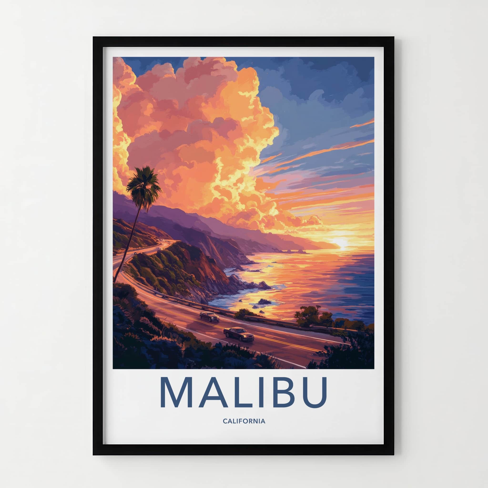 Malibu Poster - California Framed Print - Ocean Road Sunset Lounge Decor
